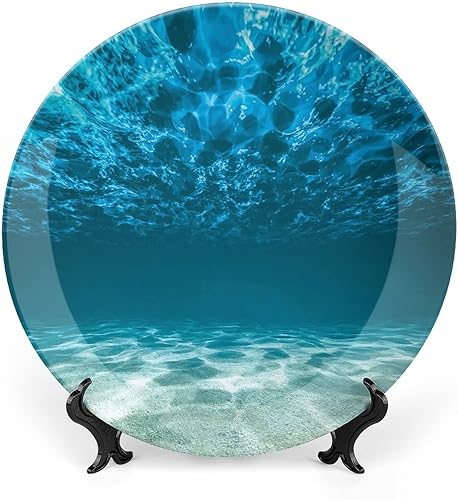 XISUNYA Plato decorativo de porcelana de 6 pulgadas, plato de porcelana oceánica, superficie ondulada con fondo de grava, estampado de paisaje