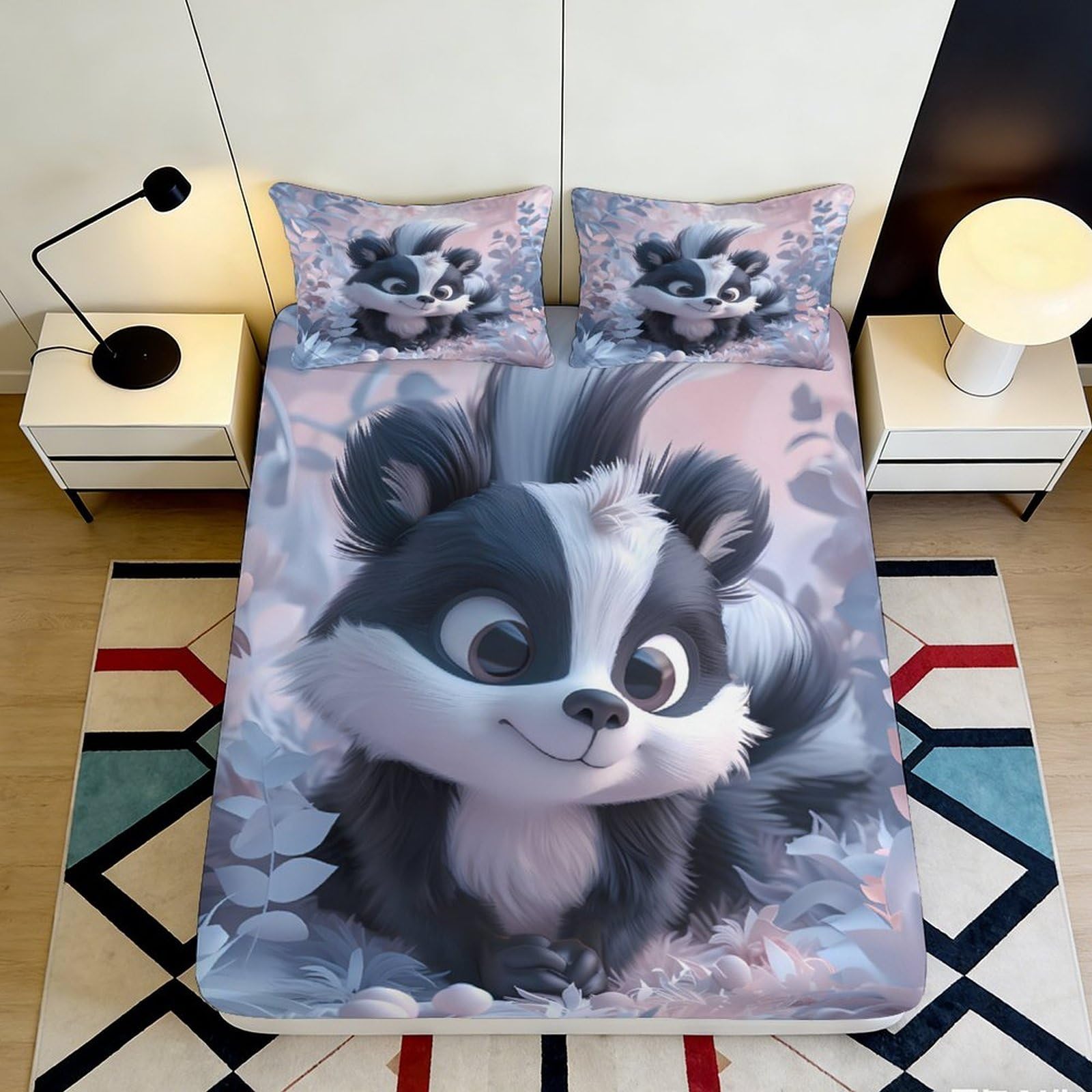 3D Printed Cartoon Skunk Fitted Sheet Microfiber Soft Grey Animal Forest Mattress Cover for Bedroom Dorm Decor 120x200cm 140x200x25cm