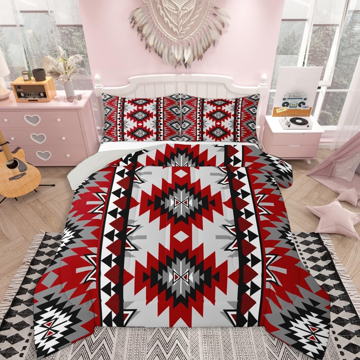 jejeloiu Kids Boho Western Bedding Set Soft for Boys Girls, Bohemian Southwestern Comforter Set Queen Size Aztec Decor Duvet Quilt Farmhouse Country Bedroom 3 Pcs with 2 Pillow Cases