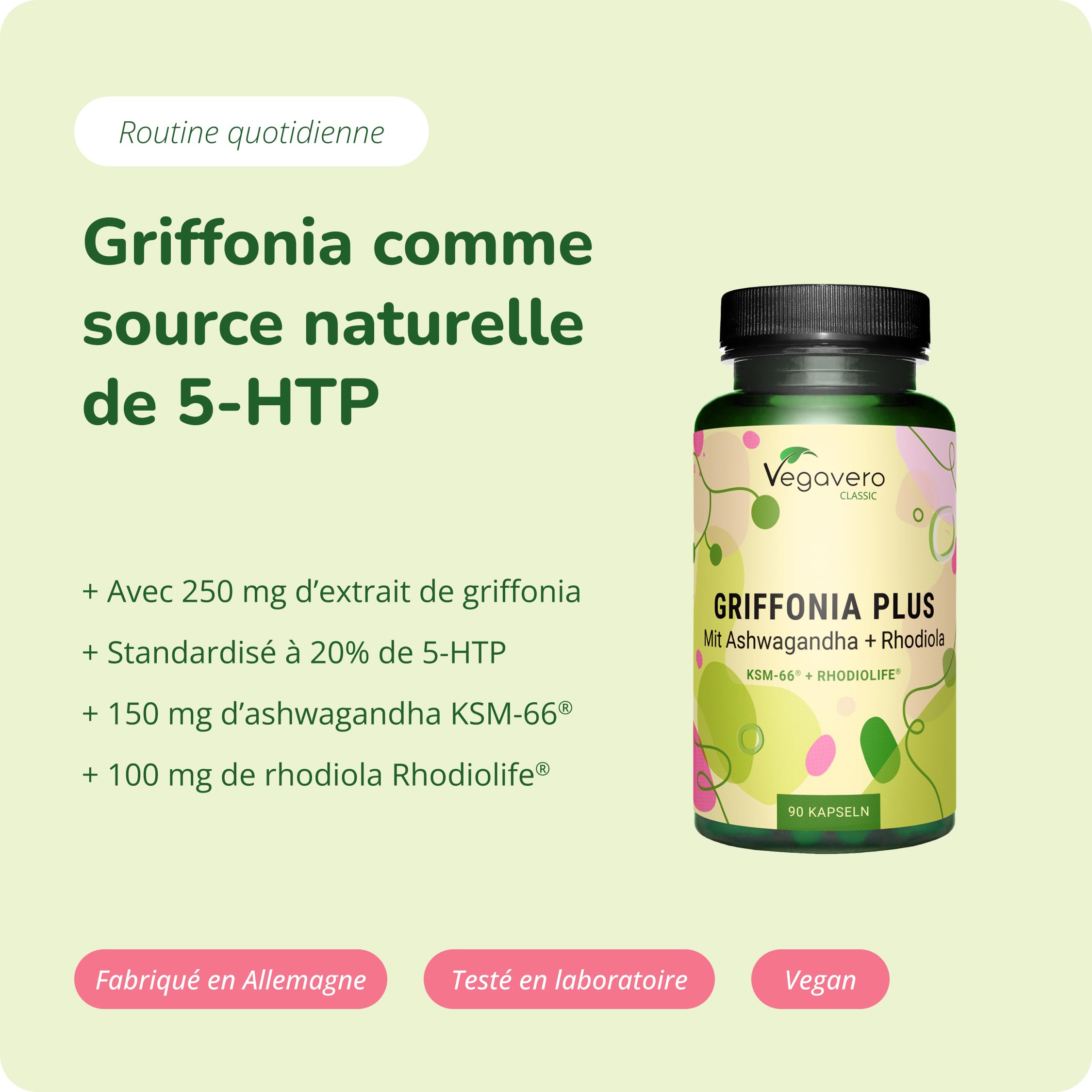 Vegavero 5-HTP GRIFFONIA 250 mg | Avec Ashwagandha KSM-66® BIO et Rhodiola Rosea | Sommeil et Détente | Rhodiolife® | Vegan & SANS ADDITIFS | 90 Gélules (3 mois)