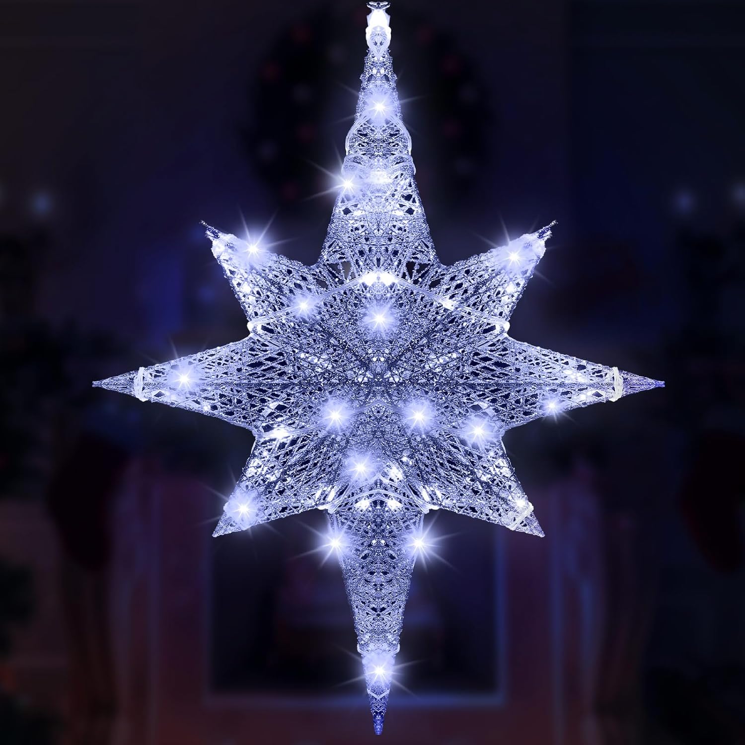Retisee 24 Inch Lighted Christmas Glitter Bethlehem Star Large LED Outdoor Christmas Lights Outdoor Lighted Hanging Star for Yard Porch Festival Xmas Holiday Nativity Wedding Party(Silver)
