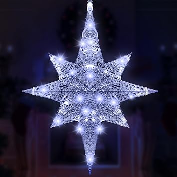 Retisee 24 بوصة مضاءة عيد الميلاد بريق نجمة بيت لحم كبيرة LED أضواء عيد الميلاد الخارجية مضاءة في الهواء الطلق نجمة معلقة لمهرجان شرفة الفناء عيد الميلاد عطلة الميلاد حفل زفاف الميلاد فضي