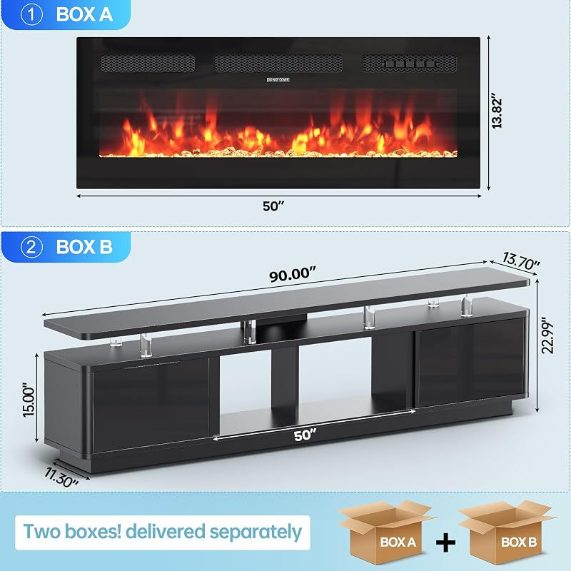 MXV 90" Fireplace TV Stand for TVs UP to 100", Entertainment Center with 50" Fireplace & Double LED Lights, TV Console with Storage Cabinets for Living Room, Home Office, All Black image 2