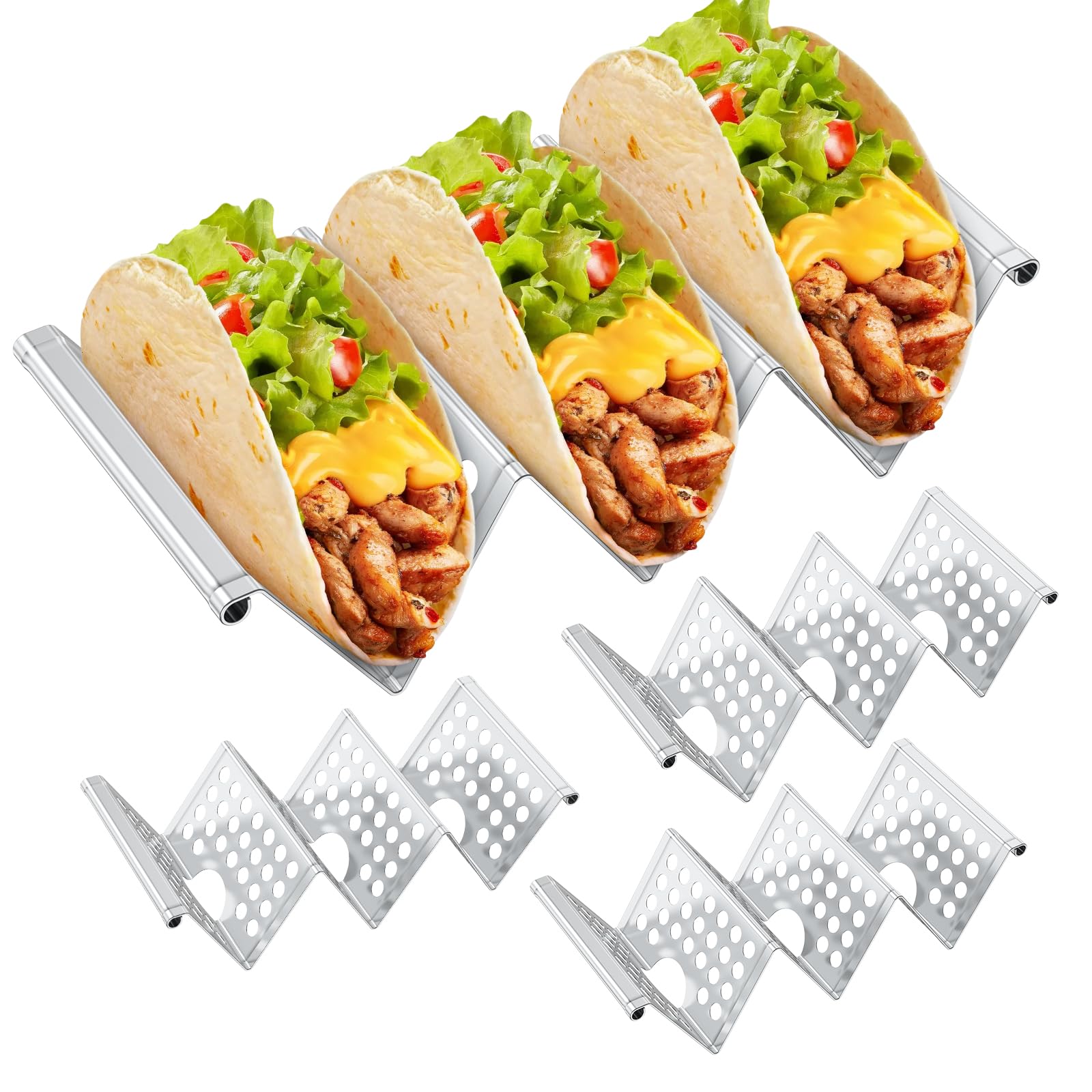 SHASUXTING 4Pcs Taco Holder Stainless Steel Taco Holder Stand Taco Rack Holds Up to 3 Tacos Grill Oven and Dishwasher Safe Taco Stand Stackable Taco Serving Tray for Restaurant Party 20.6x10x6cm