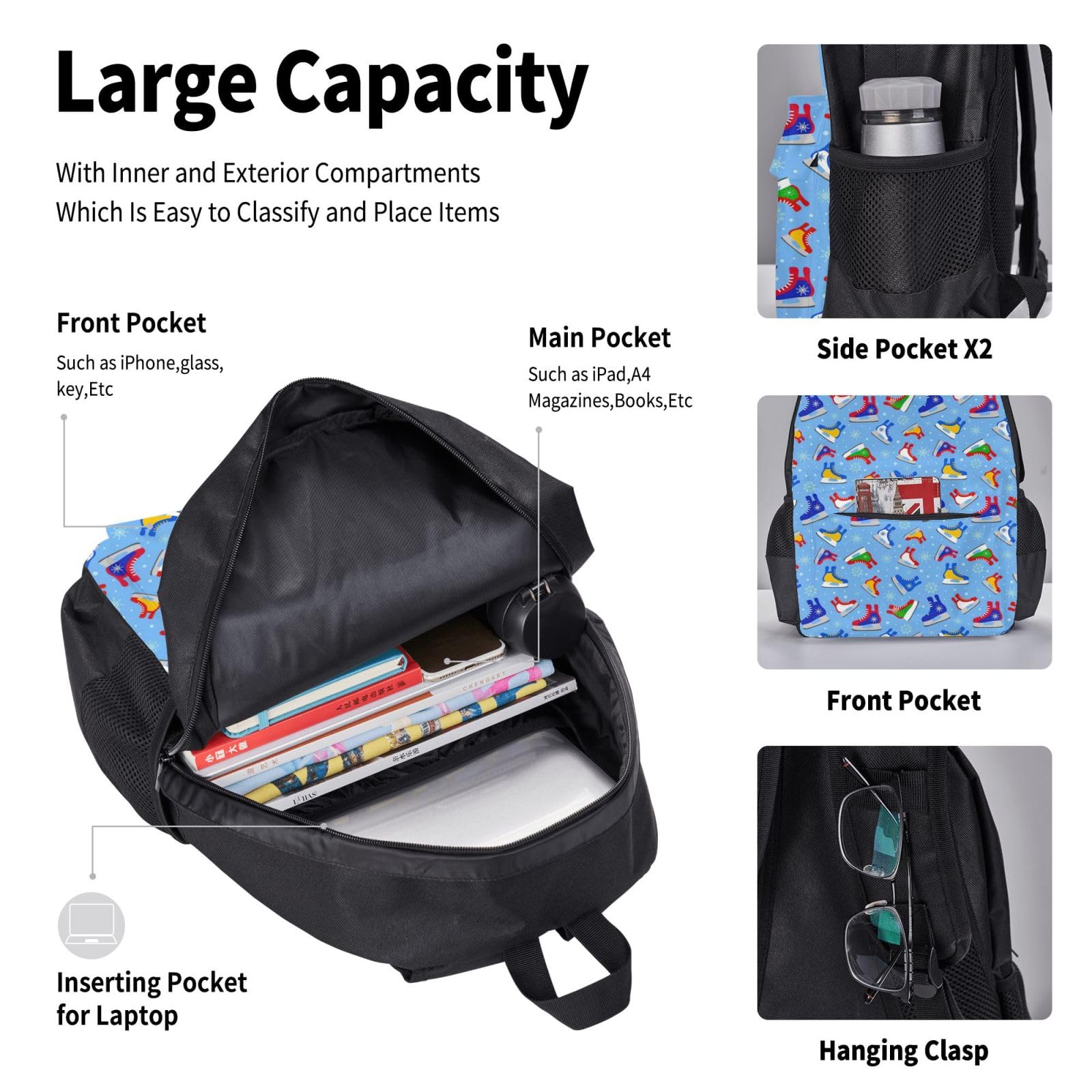 Hockey Elements Creative Pattern Print Set 3 pièces Sac à dos décontracté (sac à dos + sac banane + petite pochette), unisexe