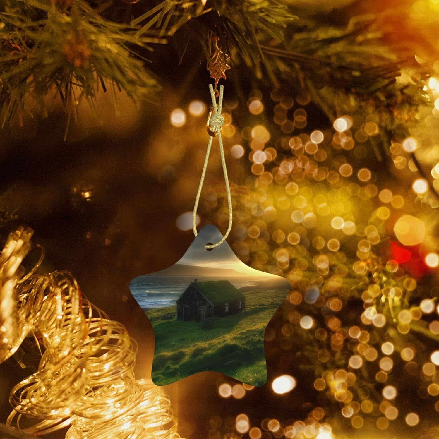 Christmas Ornaments Ceramic Star Shaped Christmas Hanging Ornament Double-Sided Iceland Hut Grass Coast Sea Sun Rays Print Christmas Tree Pendants for Xmas Tree Fireplace Party Holiday Wedding