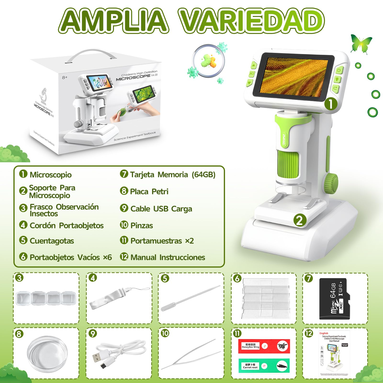 Charmofun Microscopio para Niños, Microscopio Portátil Niños con Tarjeta de Memoria de 64G, Microscopios Digital Infantil con Pantalla LCD de 4", Aumento 1600X, Fotos y Videos, Función Portátil y Fija