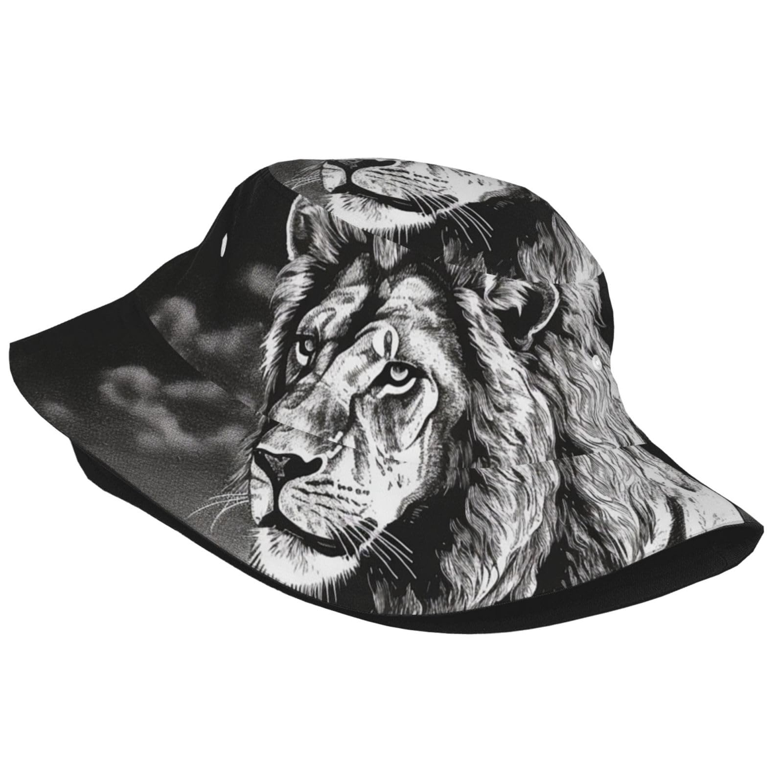 Unisex Cute Bucket Hat Summer Travel Fisherman Cap Lion Black and White Illustration Beach Travel Sun Hat Outdoor Cap
