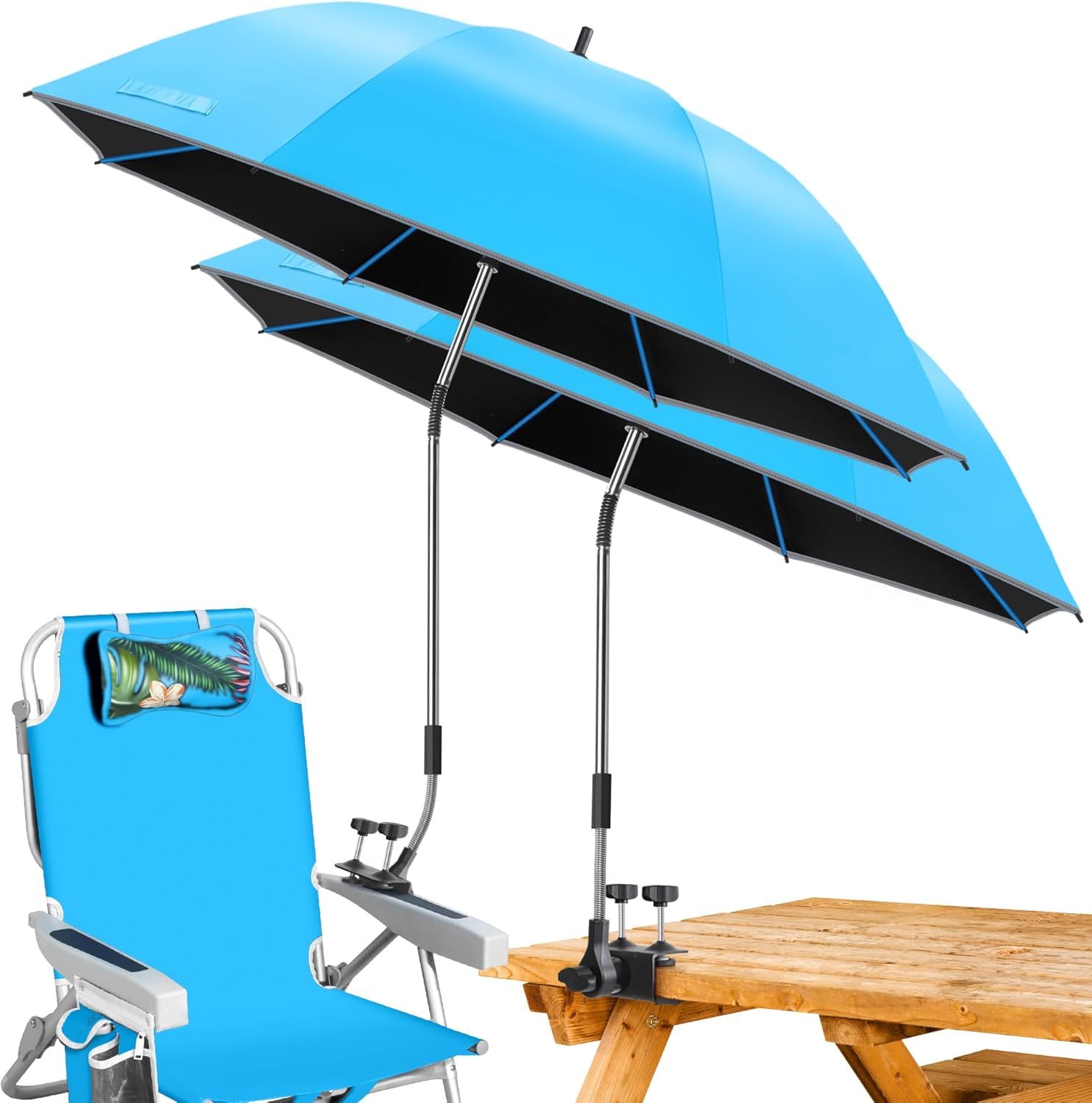 Beach Umbrella,2PACK 48.7inch Chair Umbrella with Clamp adjustable 360°,UV Protection Large Camping Chair Umbrellas for Camping chair, Glof Cart,Table(Chair,Table not include)