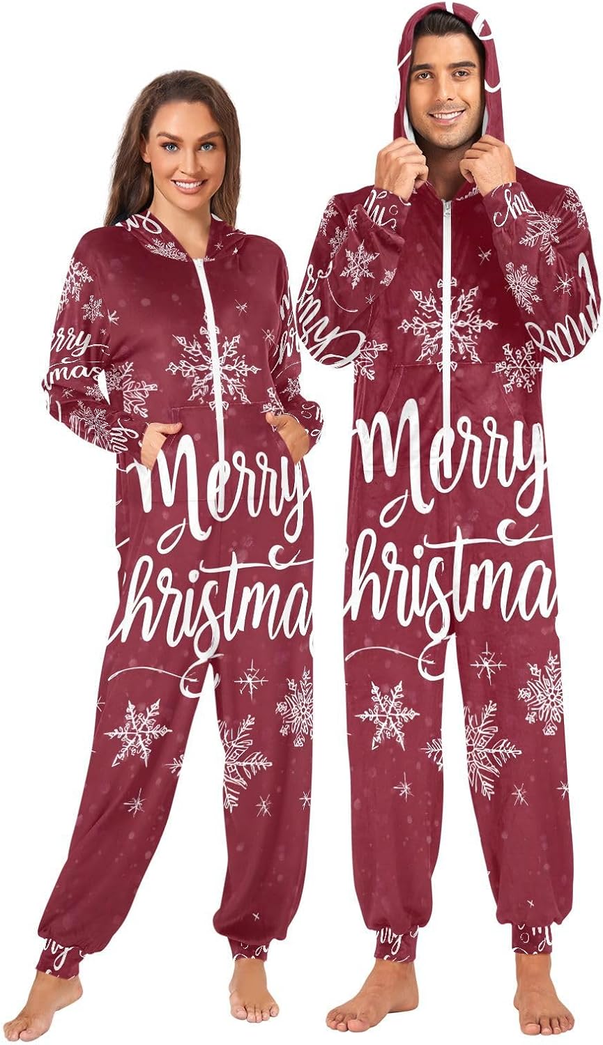 Red Merry Christmas Snowflakes Balls Adult Onesie Pajamas for Unisex Novelty One Piece Costume Sleepwear