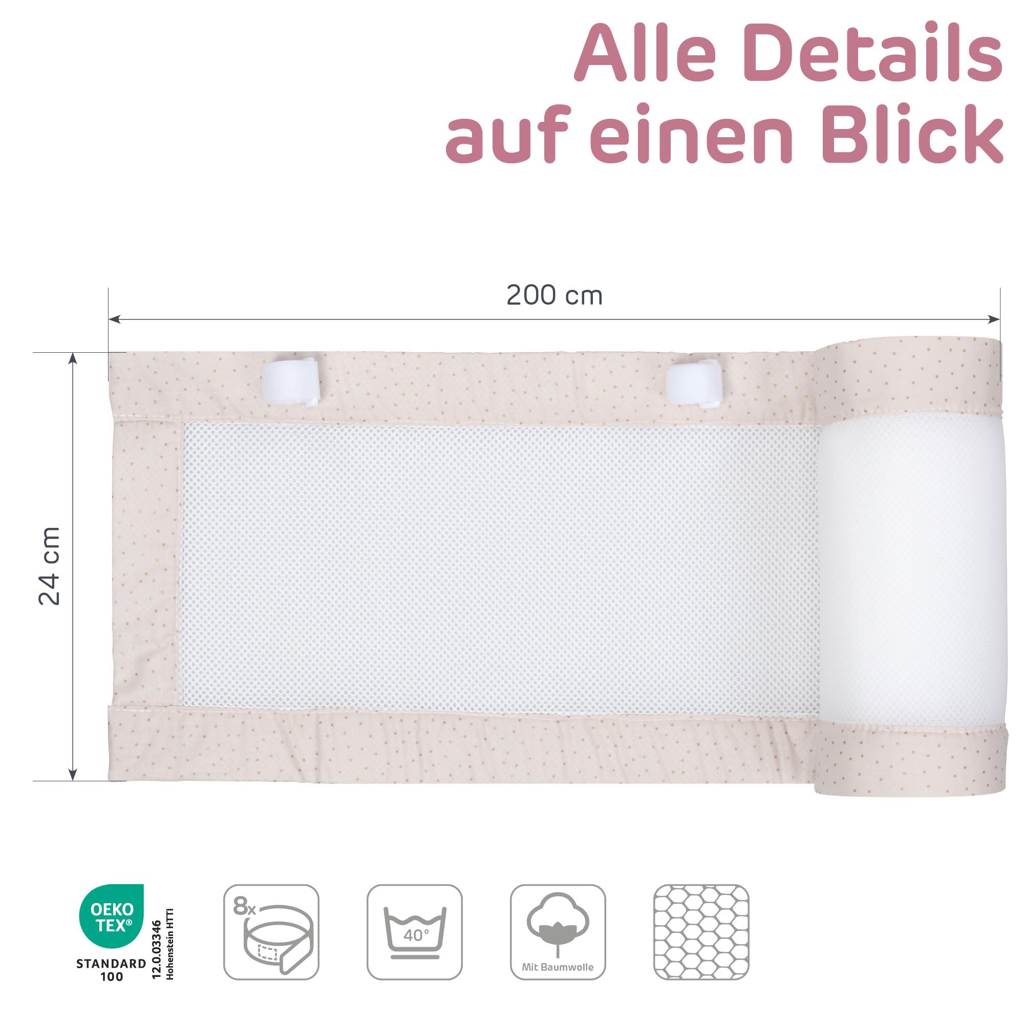 babybay Królewski ochraniacz 3D Mesh pasuje do modelu Boxspring XXL, beżowy, błyszczące kropki złote