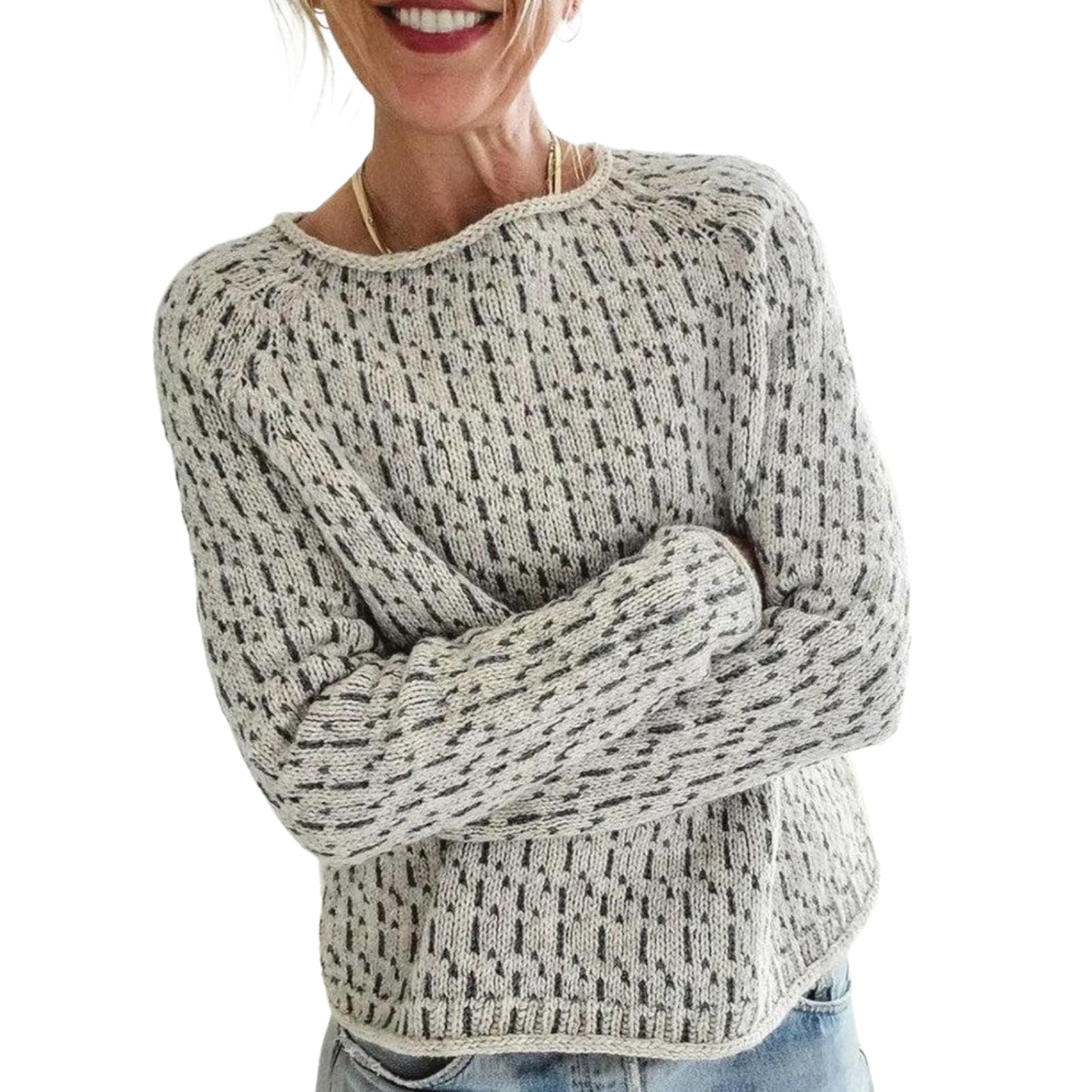 Womens Sweaters Boat Neck Grey Polka Dot Print Knit Sweater Long Sleeve 2025 Fall Winter Fashion Outfits
