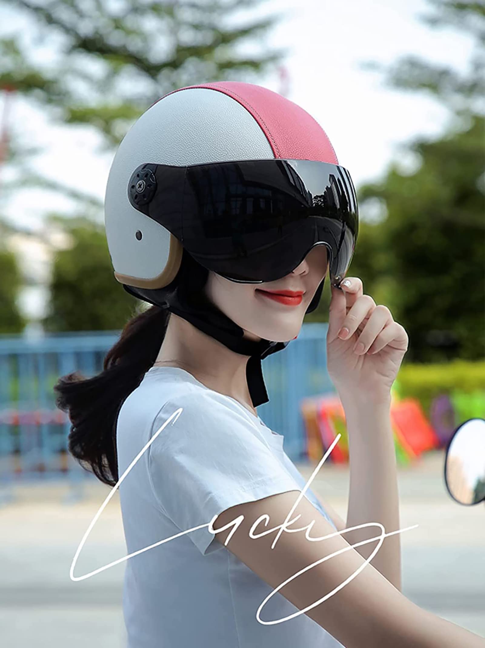 Classique Retro Casques Moto, ECE Homologué Demi-Casque Jet,Casque en Cuir Vintage Casque Mobylette avec Visière, pour Scooter Racing Femmes Hommes