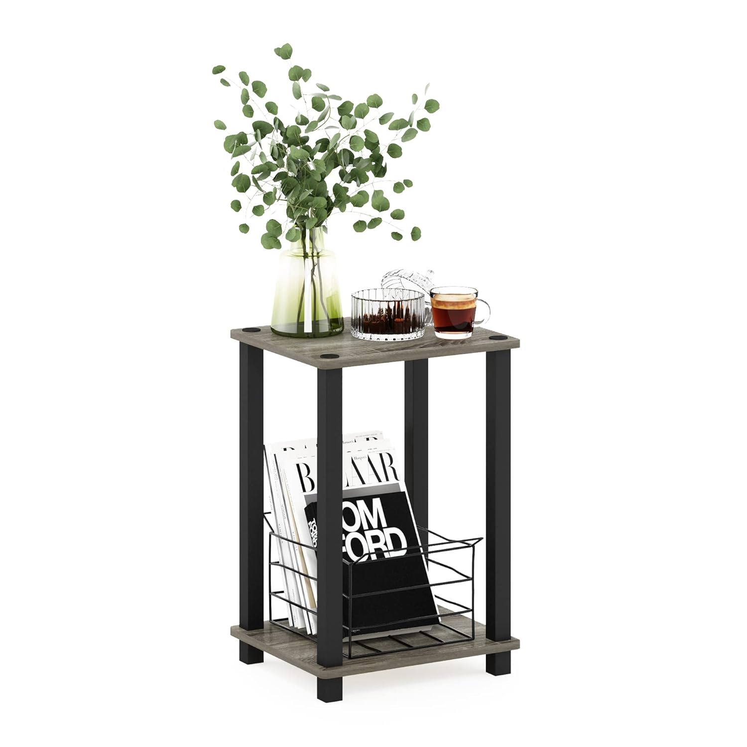 Furinno Simplistic 1-Tier End Side Night Stand Bedside Table with Plastic Poles French Oak Grey Black