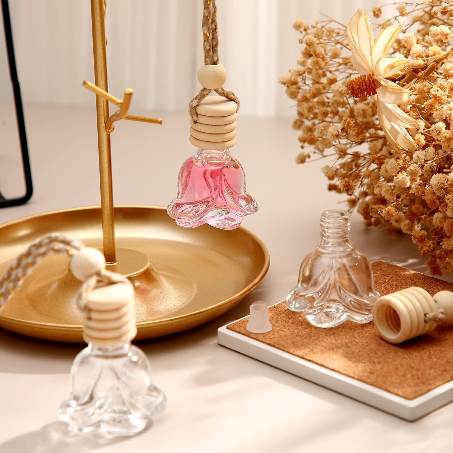 BBTO 50 Pcs Hanging Car Air Freshener Car Diffuser Bottles Empty Glass Perfume Bottle Freshener Diffuser Bottle Pendant for Essential Oil Fragrance Aromatherapy Bottle Ornament(Rose) - Image 2