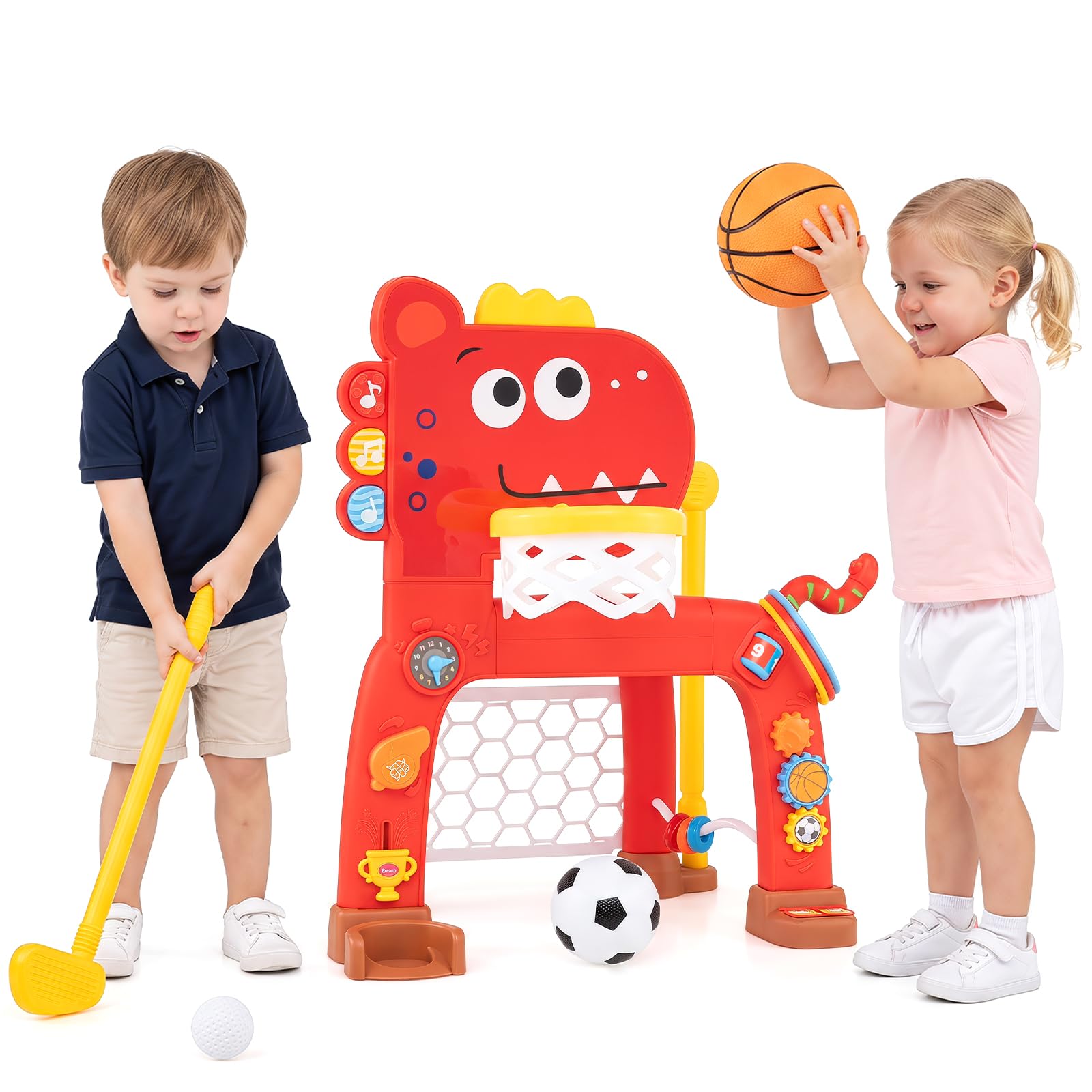 COSTWAY 4 en 1 Canasta Baloncesto Infantil, Alturas Ajustables (Rojo)