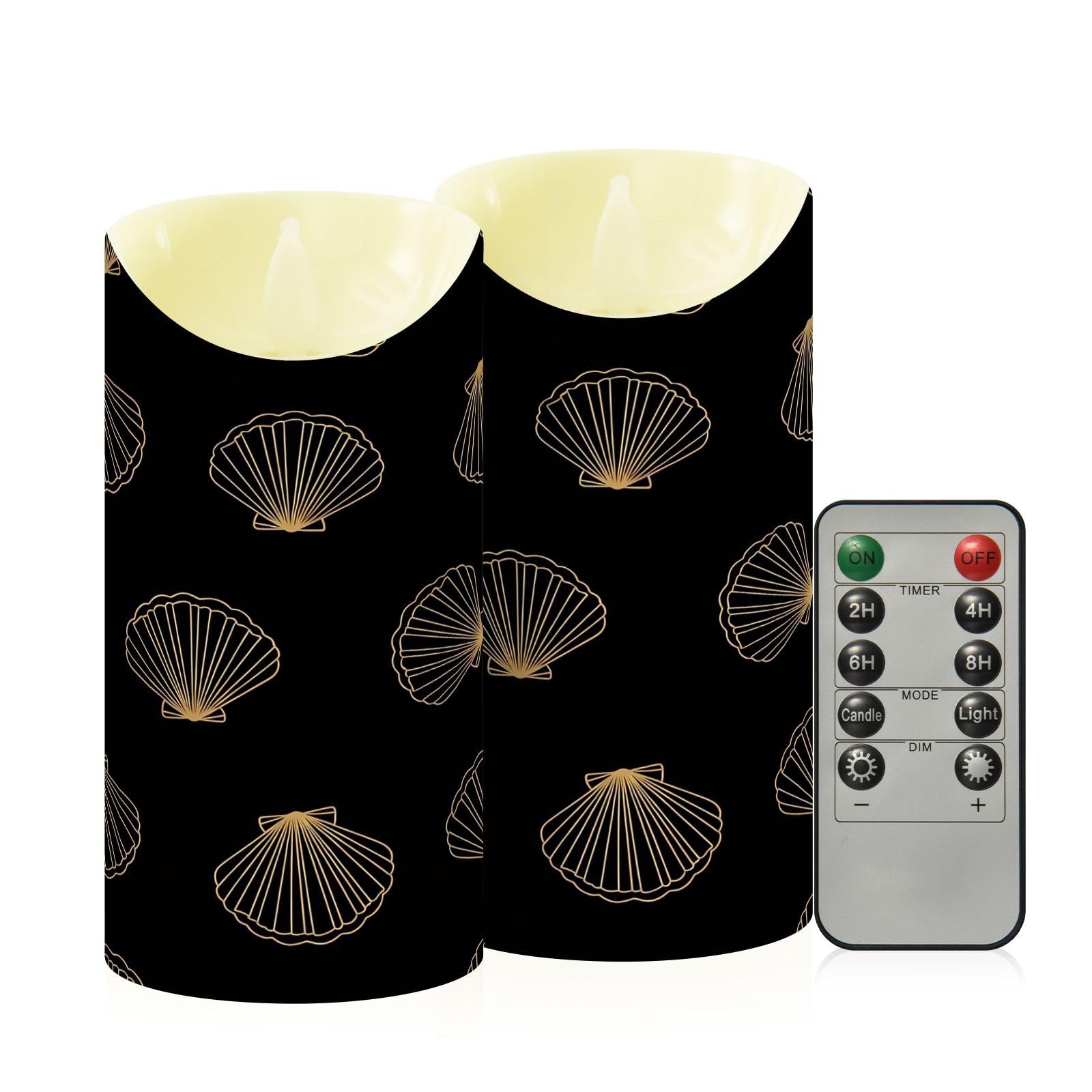 Cgiub Gold Seashell Black Flameless Candles with Timer 2pcs Battery Operated Flickering Flameless LED Pillar Candles for Holiday Home Wedding Fireplace Decor