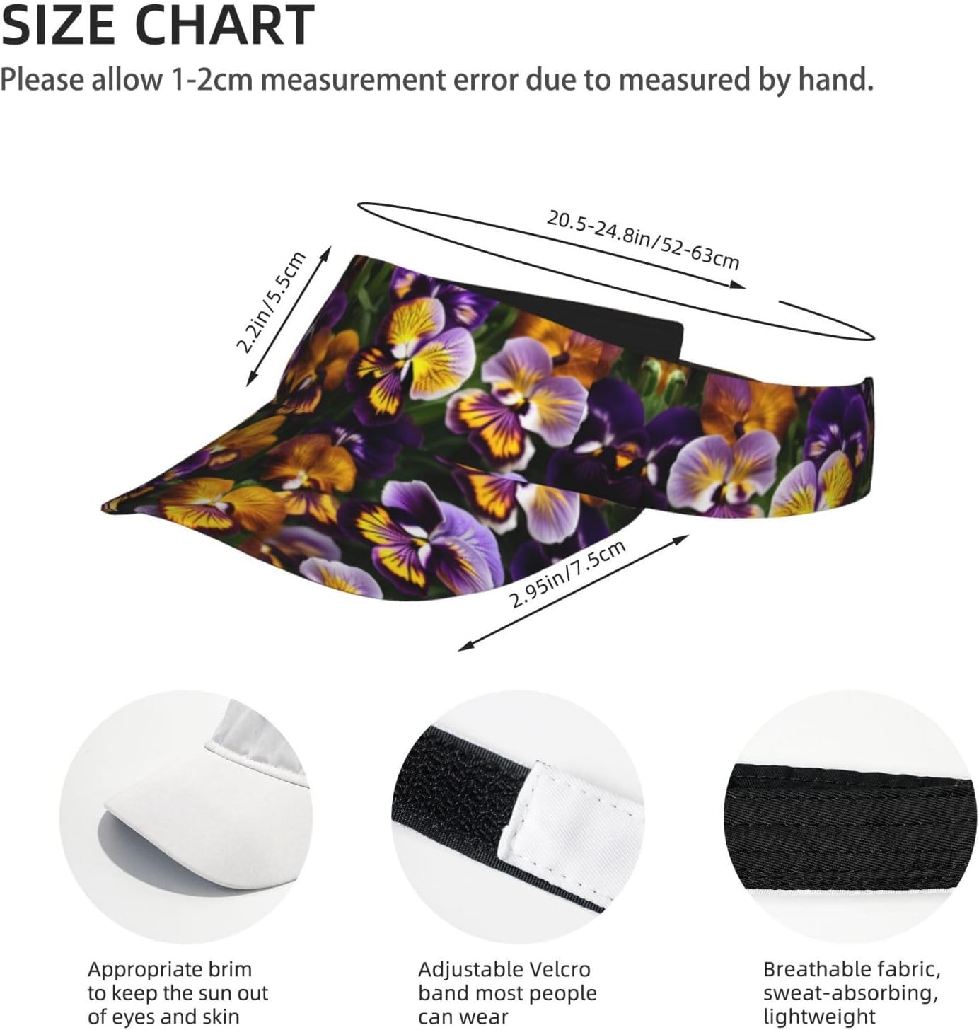 Pansy Perfection Print Foldable Sun Visor Hat Lightweight Adjustable Sun Visor Hat Outdoor Sports Cap for Adults Black
