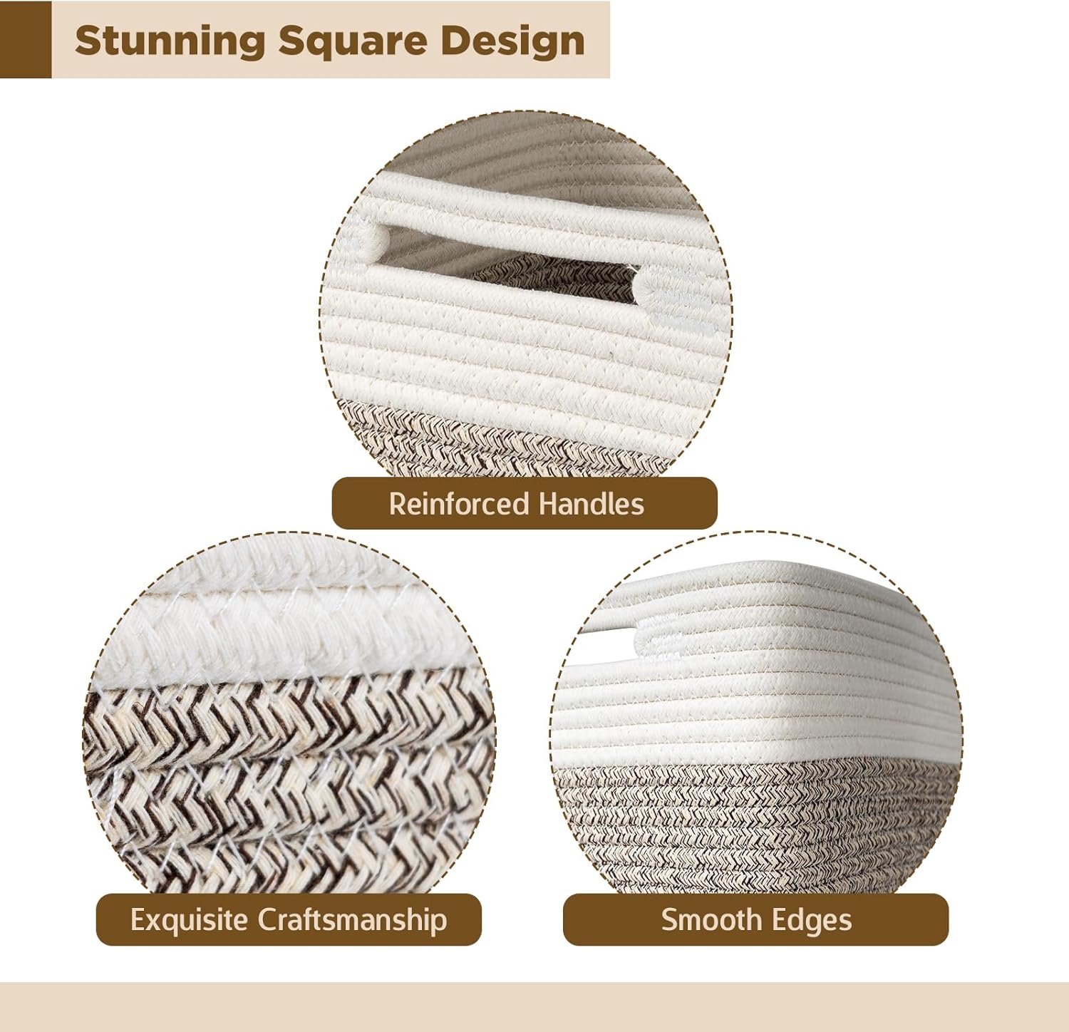 AELS Hand Woven Cotton Baskets for Storage, Cube Storage Bins with Handles, Foldable Collapsible Closet Organizers and Storage, Boho Farmhouse Storage Cubes for Shelves, Beige & Mixed Brown