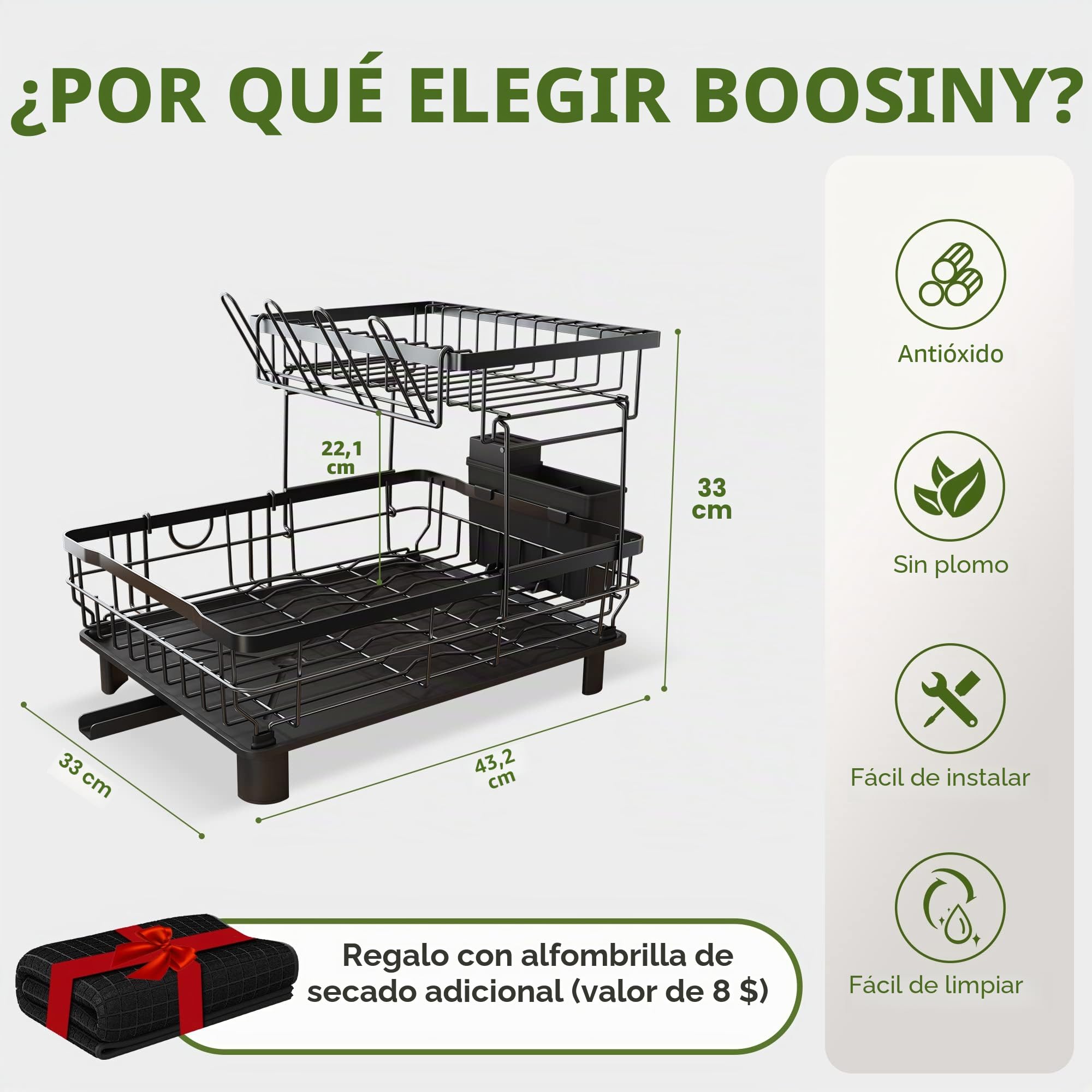 Boosiny Escurreplatos Acero Inoxidable con Drenaje, Escurridor de Platos Grande para Poner en encimera con desagüe Automático, Soporte para Utensilios, Tabla de Cortar, Portavasos, 2 Niveles, Negro