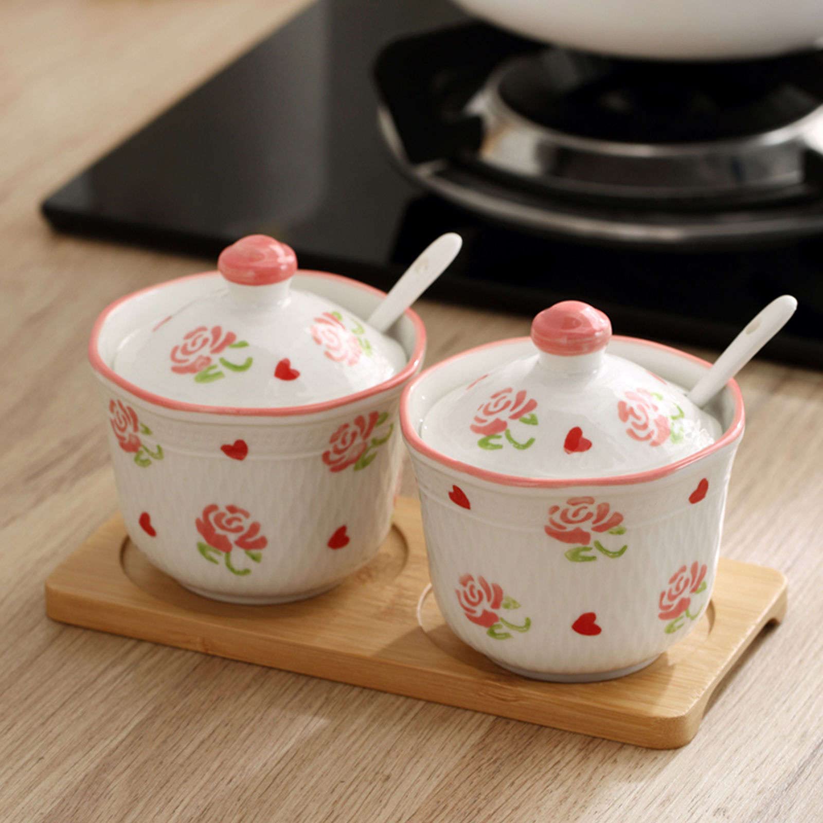 XYNSNDB Zuckerdose, Gewürzbehälter, handgezeichnete Muster-Zuckerdose mit Deckel, Keramik-Teetasse-Form, Zuckerdose, Kaffeezubehör, Zuckerausgießer, Küchenaufbewahrung, Bauhinia, 3er-Set, rote STR