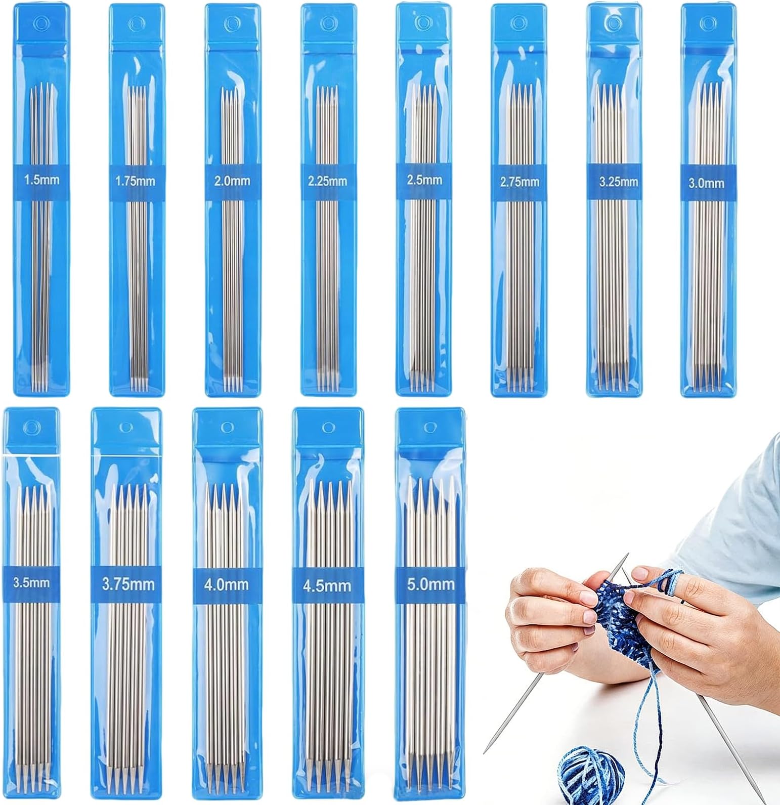 – DOJASOHILMI Double Pointed Knitting Needles Set, 65 Pieces, 13 Sizes 1.5-5.0mm, 15cm Metal Straight Needles for Sock Knitting, DPNs Starter Kit for Beginners