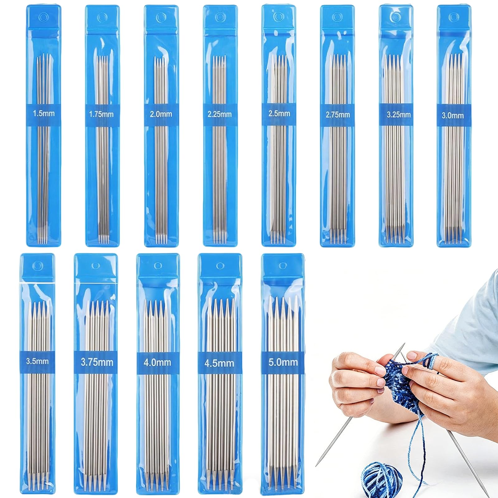 Dojasohilmi Silver Double Pointed Knitting Needles Set, 65 Pieces, 13 Sizes 1.5-5.0Mm, 15Cm Metal Straight Needles For Sock Knitting, Dpns Starter Kit For Beginners