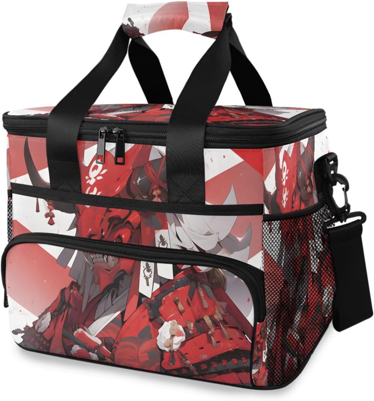 Insulated Cooler Bag 24 Cans Large Capacity Lunch Box-Warrior Japanese Print Leak Proof with Shoulder Strap for Camping Picnic