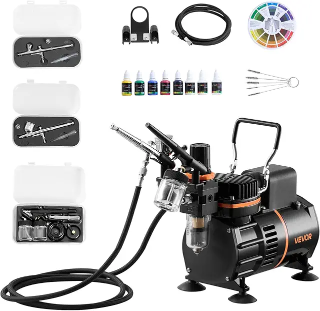 VEVOR Airbrush Kit with Compressor, 3 Airbrushes & Paints for Cakes, Models, Nails
