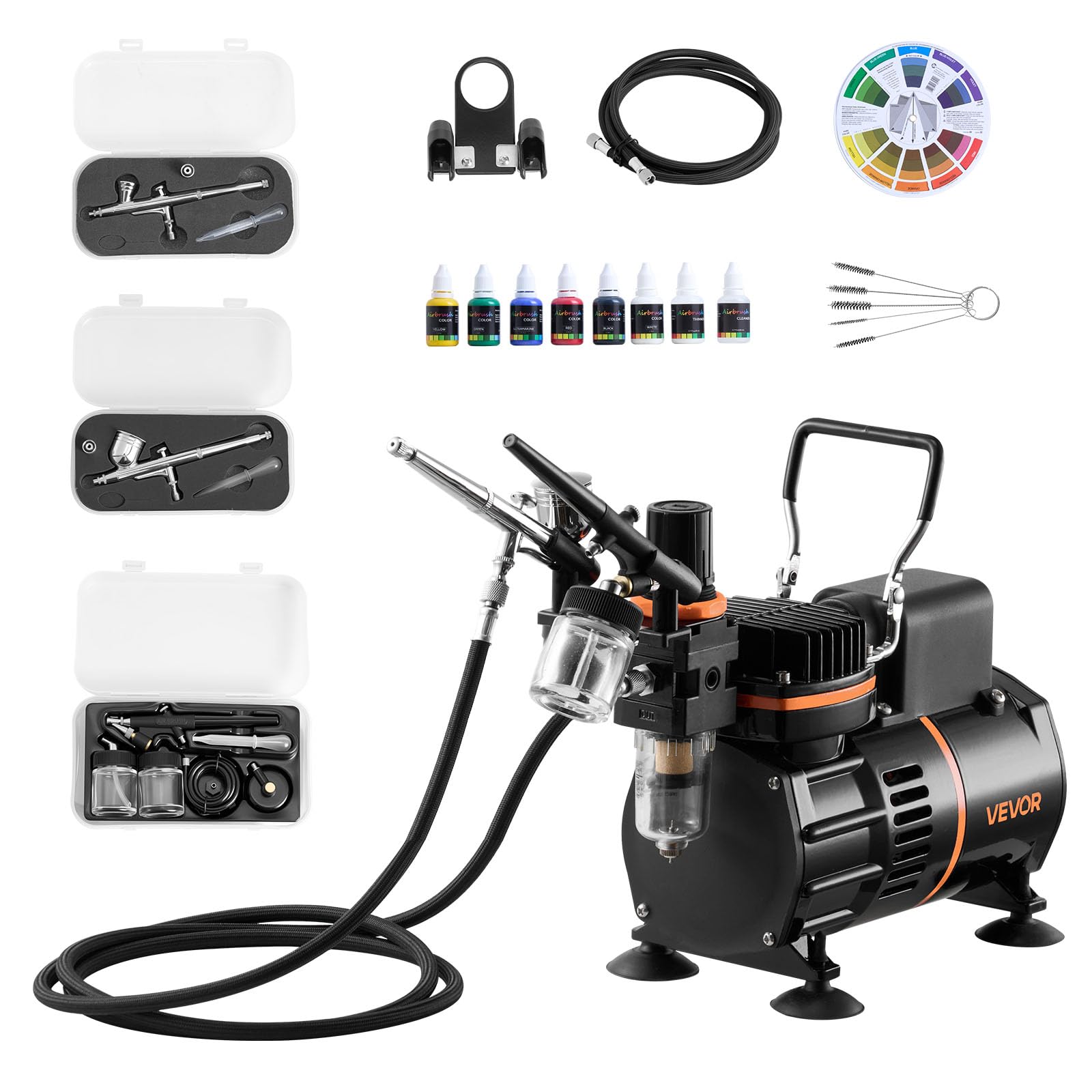 VEVOR Kit Aérographe avec Compresseur d’Air 1/6 HP, Compresseur Aérographe avec 3 Pistolets à Double Action,3 Buses, Tuyau, Peinture Acrylique, 2 Ventilateurs, Décoration Pâtisserie Onglerie