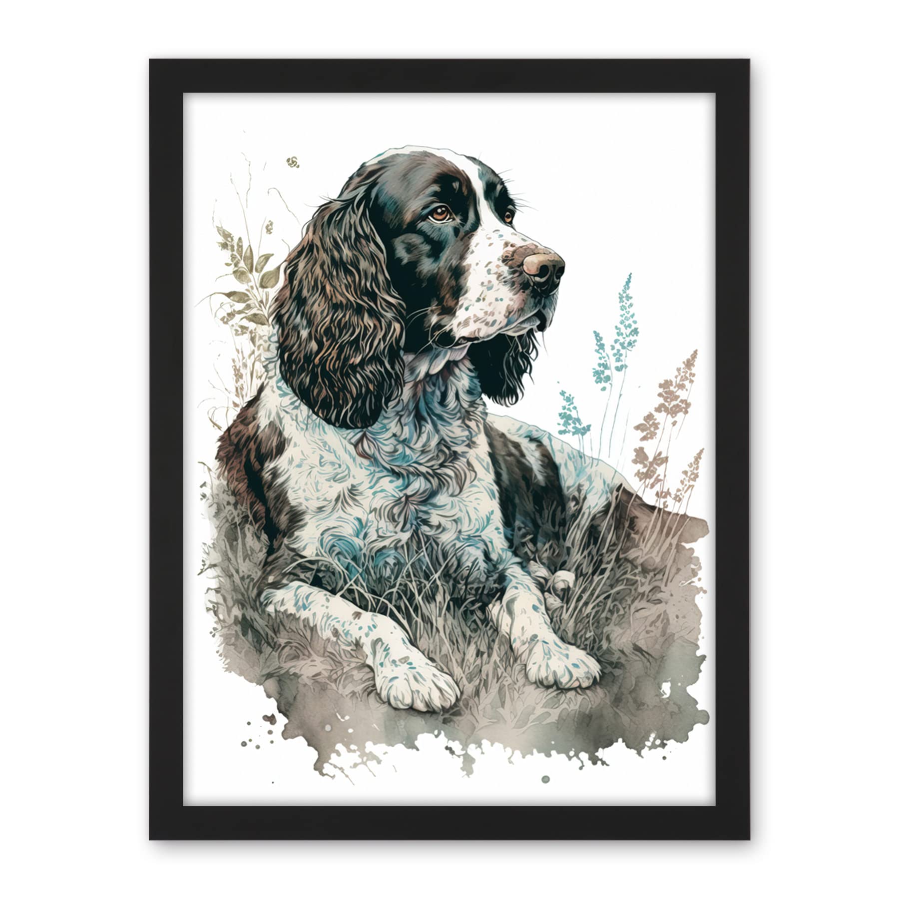 Artery8 English Springer Spaniel Dog Lying in Field Modern Watercolour Illustration Artwork Framed Wall Art Print 18X24 Inch