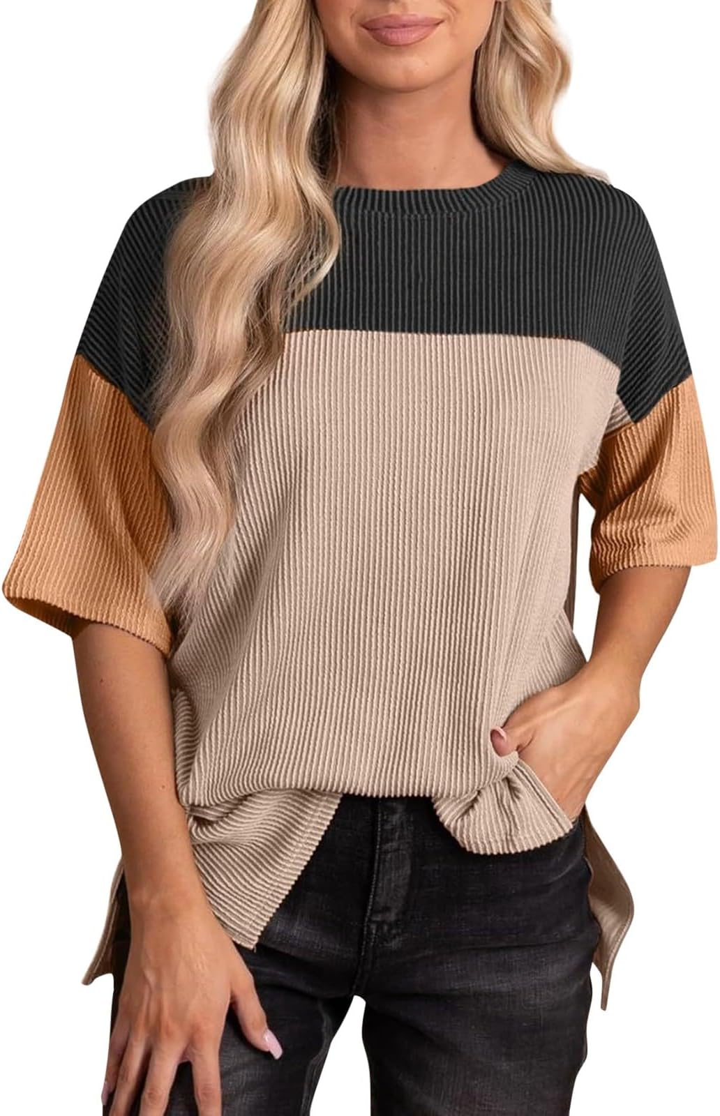 Women's Color Block Fashion Short Sleeve Shirts Crewneck Knitted Casual Loose T Shirts Tops 2024 Trendy Summer Blouse