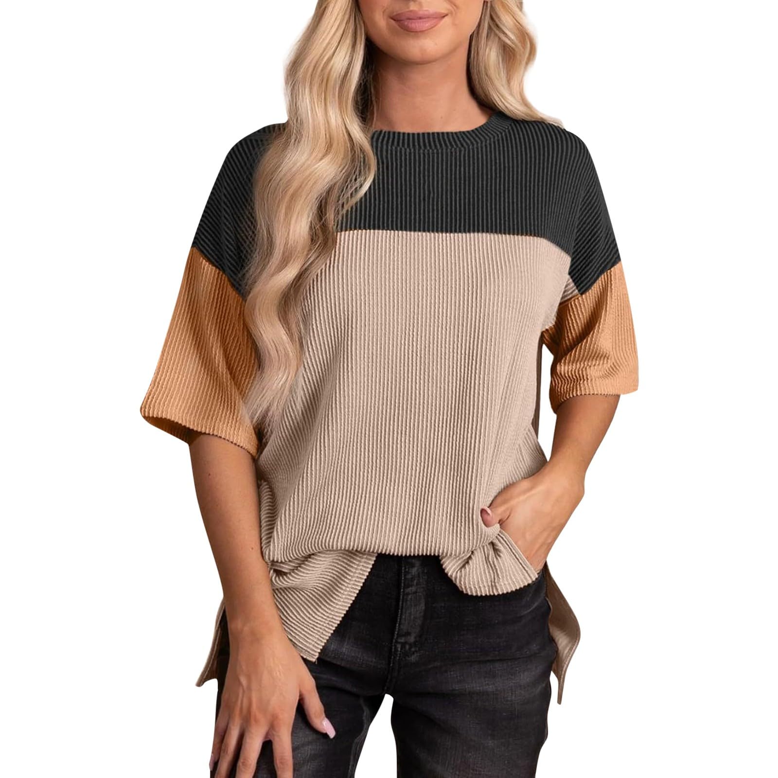 Women's Color Block Fashion Short Sleeve Shirts Crewneck Knitted Casual Loose T Shirts Tops 2024 Trendy Summer Blouse