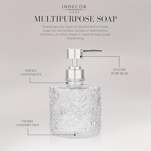 Miniatura 5 de Marcella - Dispensador de jabón de vidrio con bomba de jabón, capacidad recargable de 14 onzas, patrones de rosas de diseño floral, vidrio grueso