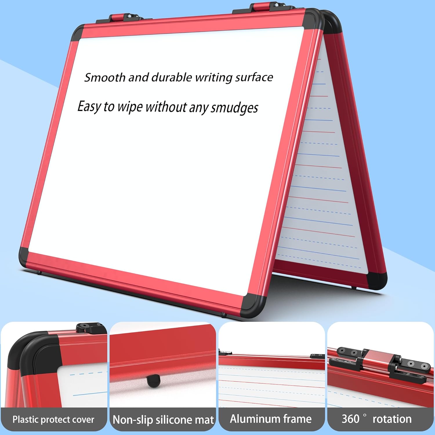 Dry Erase Board, 17x13 inch with 4 Sides Magnetic Whiteboard, A3 Foldable Small White Board with Lines, Perfect for Office, School, and Home. (Red)