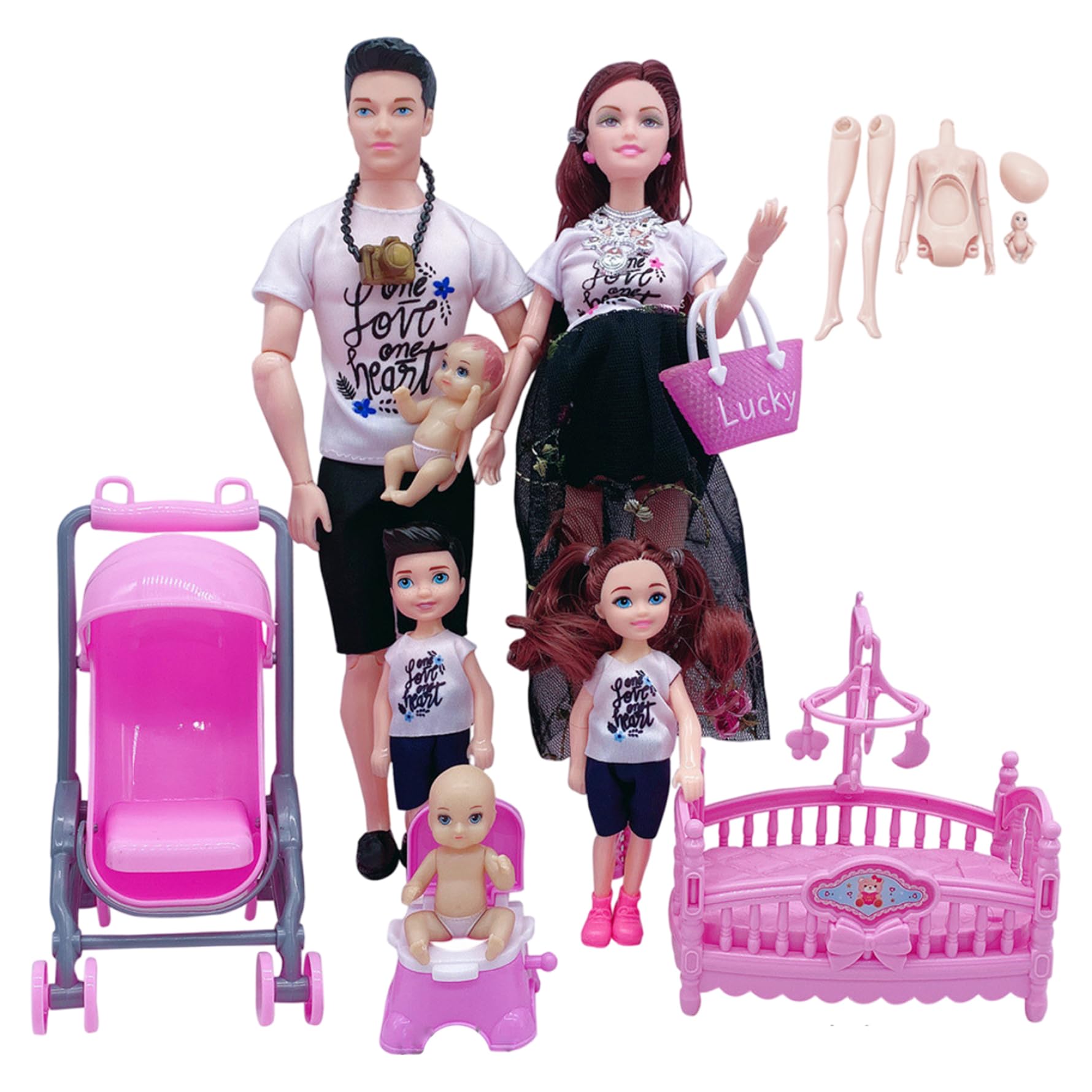 Nuiorfty Family Doll Set of 6 Movable Joint Pregnant Doll with Baby in Tummy, Dad and 4 Kids for Education and Dollhouse Accessories