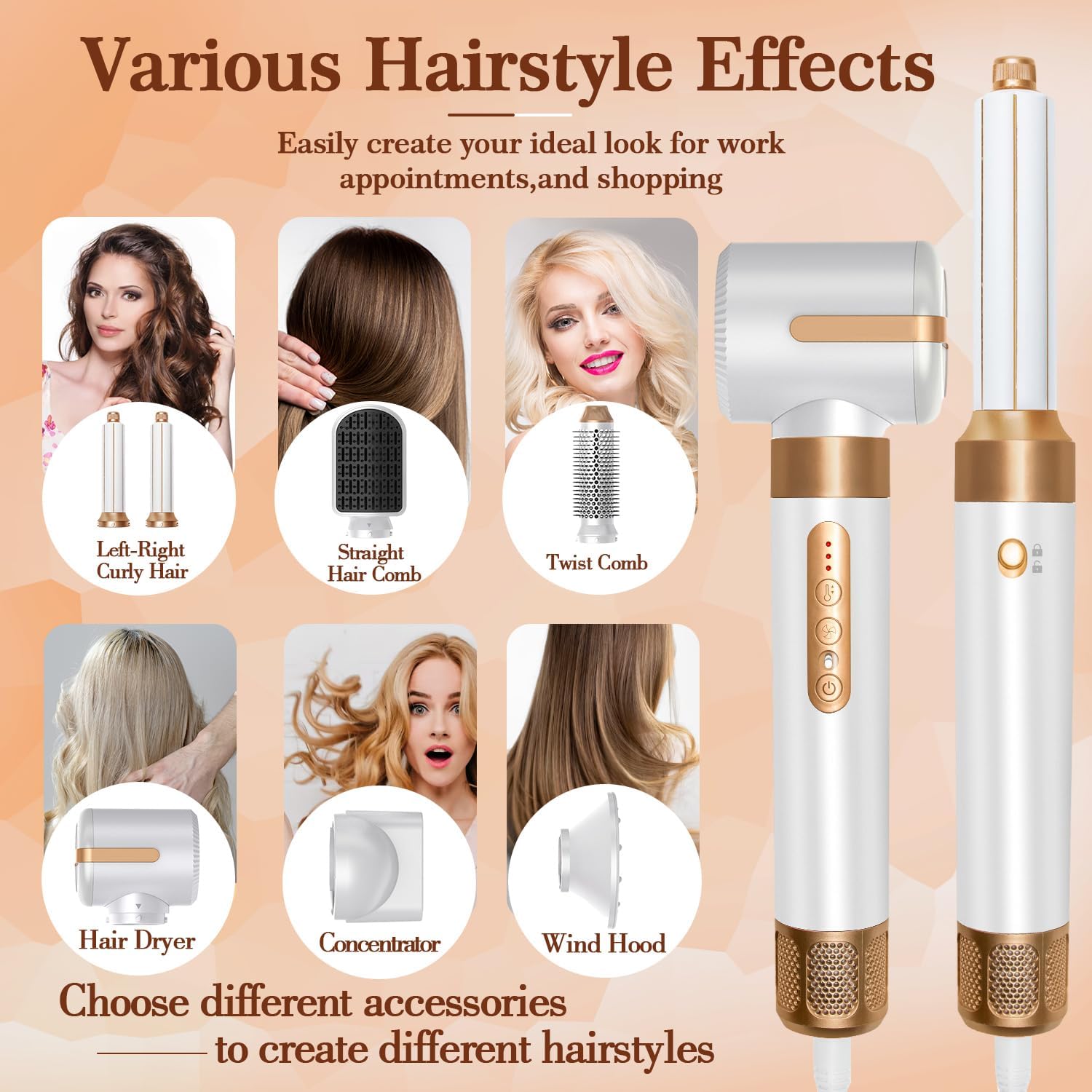 Sèche-cheveux 7 en 1, sèche-cheveux à grande vitesse - Ensemble d'outils de coiffure - Brosse à air chaud, diffuseur, buses, peigne à lisser, baguette à boucler, volumiseur (blanc)