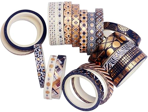 Miniatura 5 de YUBX Juego de 20 rollos de cinta washi con impresión de papel de aluminio negro dorado para artes, manualidades, diarios de viñetas, planificadores,