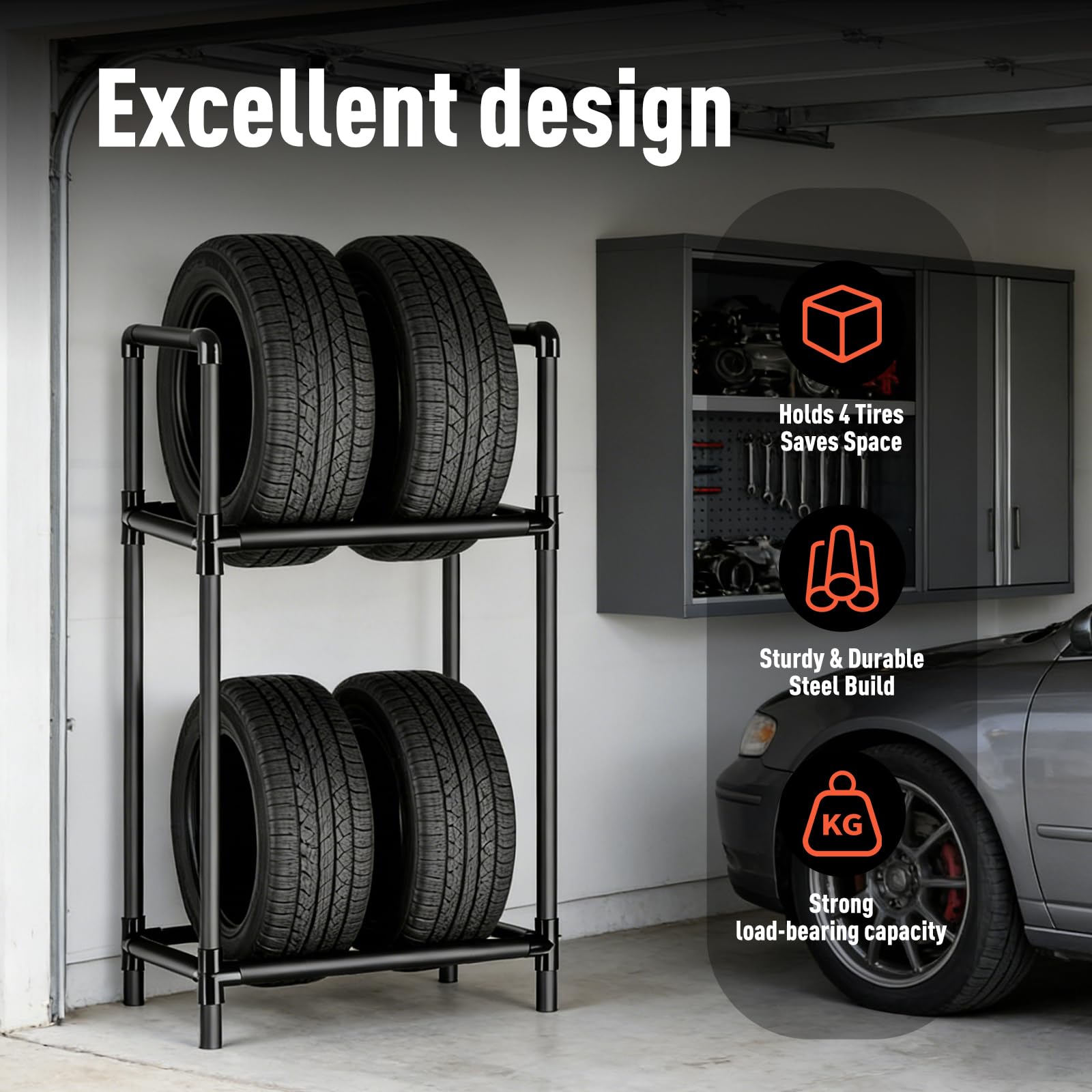 Porte-pneus pour 4 Pneus, Étagère de Rangement pour Pneus Réglable en Hauteur, Structure en Acier Robuste, Support de Rangement pour Garage & Atelier (57,2 x 37,3 x 114,6 cm)