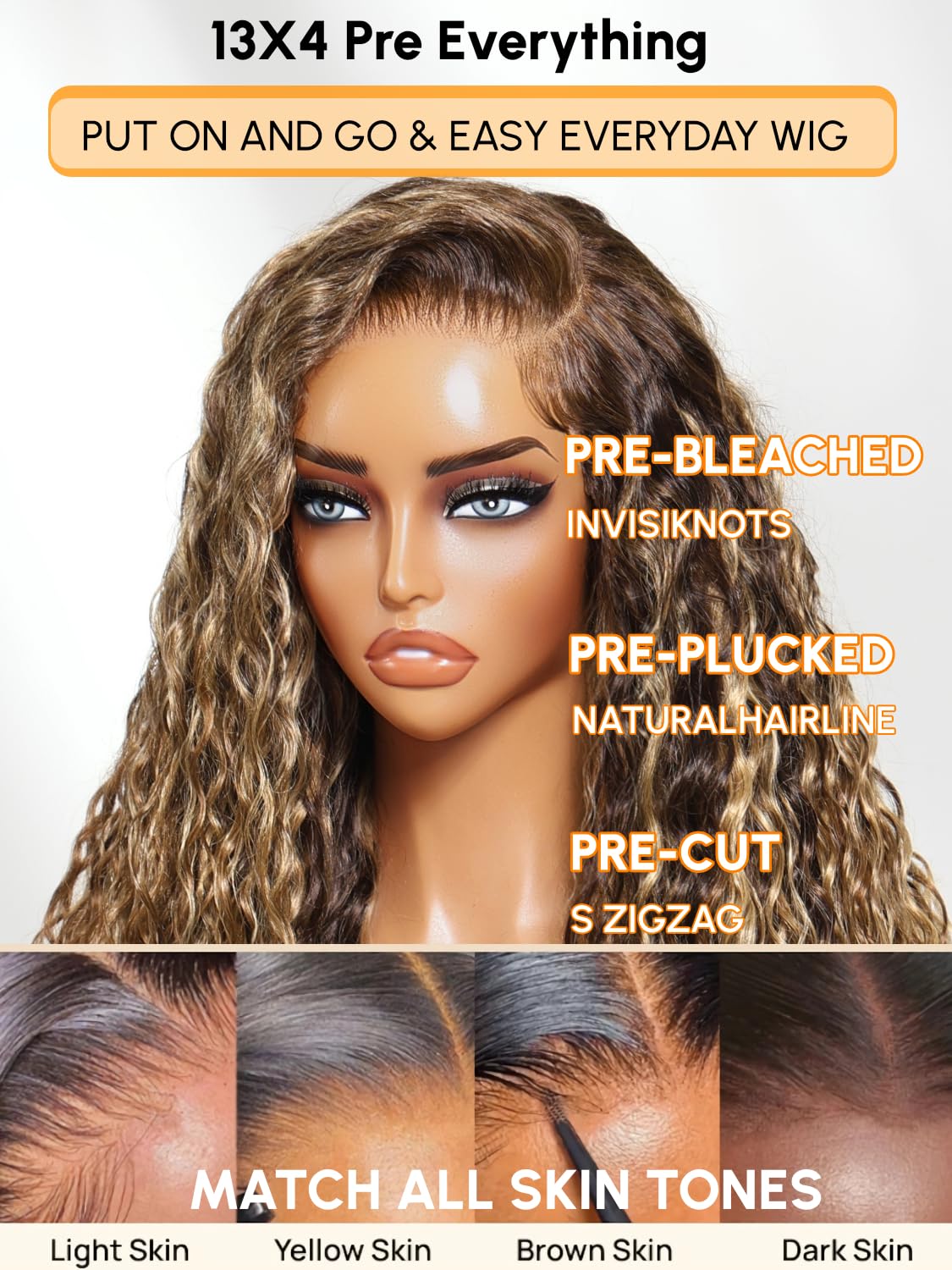 Julia Hair No Slip Golden Brown Water Wave Glueless Wig 13x4 Lace Front Honey Blonde Highlight Drawstring Human Hair Wigs Pre Cut Lace Frontal Wig Pre Plucked Ready to Go Wet and Wavy 18 Inch
