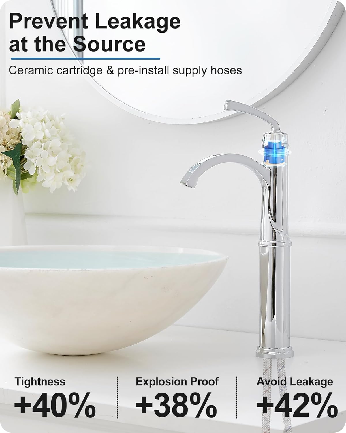 Tall Waterfall Bathroom Faucet Chrome, Single Handle Brass Vessel Faucet, Tall Faucet for Bathroom Sink, Single Handle Bathroom Sink Faucets with Pop-Up Drain & Supply Water Hoses, No Leaks