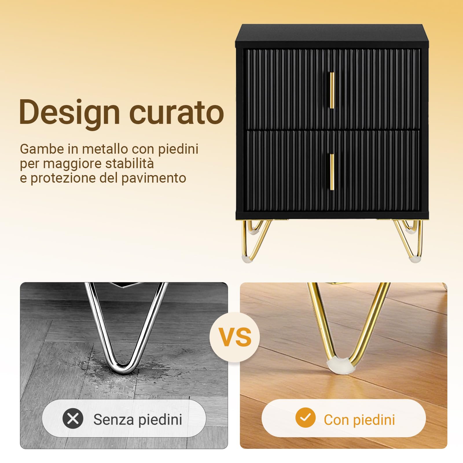 SoBuy set di 2 Comodino camera da letto con 2 cassetti e gambe in metallo dorato, tavolino da letto moderno per camera e soggiorno, Nero, 40x40x47 cm, FBT115-SCHx2
