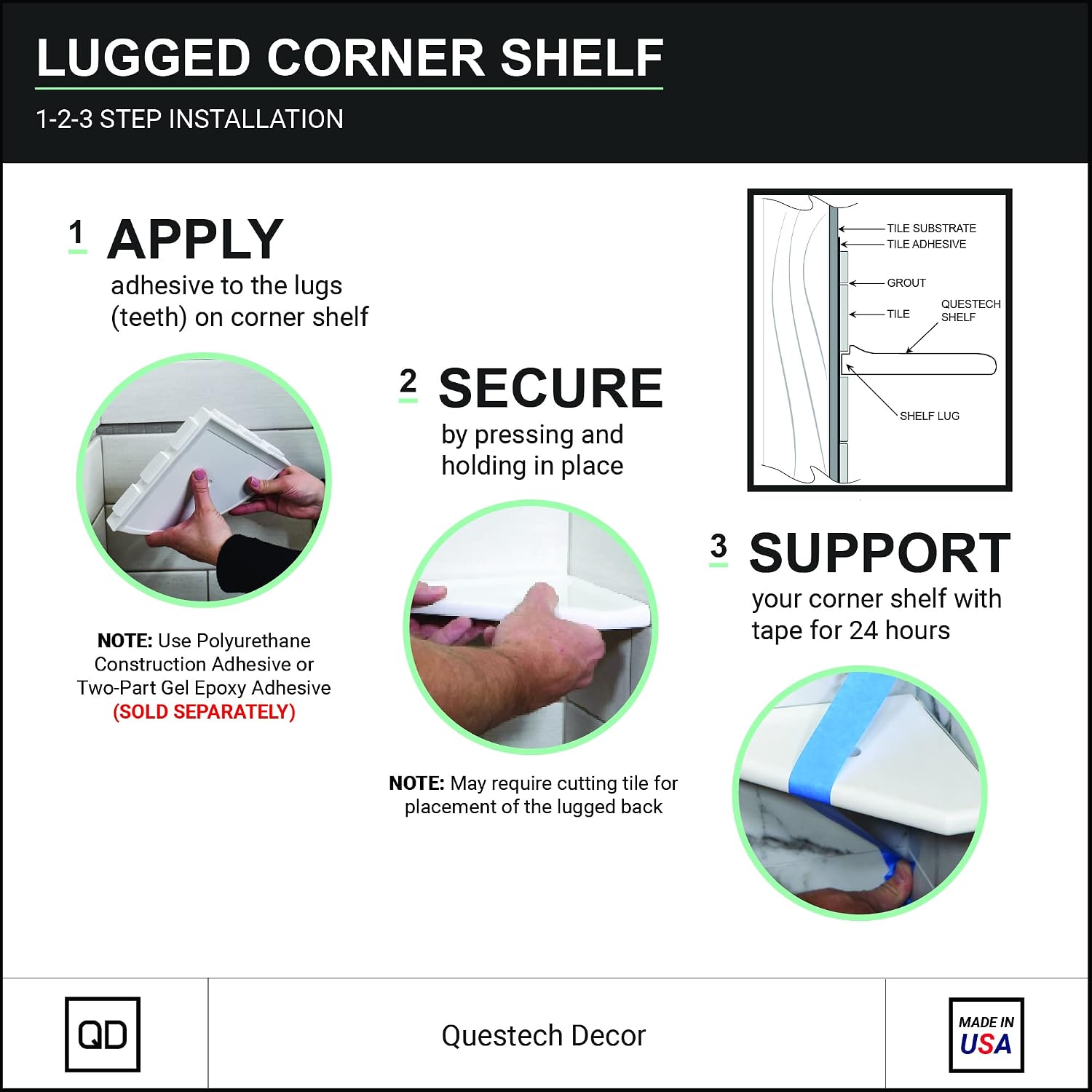 Questech Décor 5 Inch Shower Footrest, Wall Mounted Corner Shower Shaving Shelf, Lugged For New Construction, Corner Shower Shelf Caddy For Tiled Shower Walls, 5 Inch Metro Lugged, Gray Polished