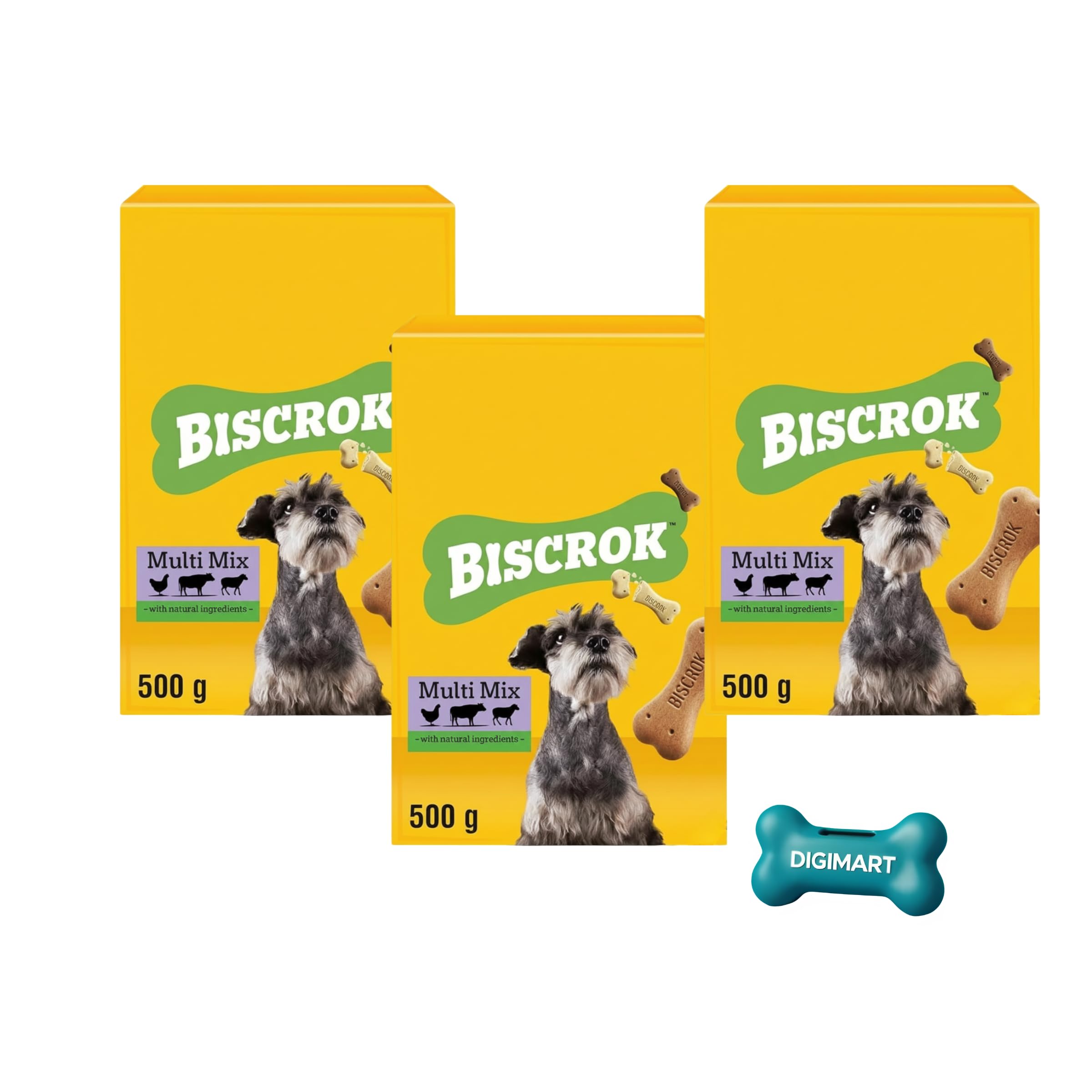 Biscrok Multi Mix Original Dog Crunchy Training Treats Pack of 3 × 500g With DigiMart Poop Dispenser