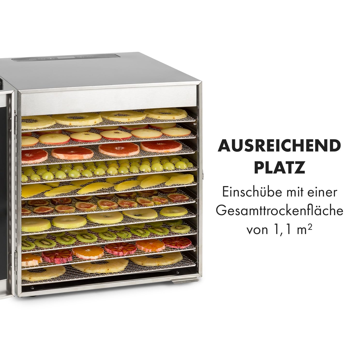 Klarstein Captain Jerky 110 Dörrautomat, 1000 W, Temperatur: 30-90 °C, 24-Stunden-Timer, BPA-frei, Touch-Bedienfeld, 10 Einschübe, Glastür, Edelstahl Dörrgerät für Obst, Gemüse, Auffangblech, silber