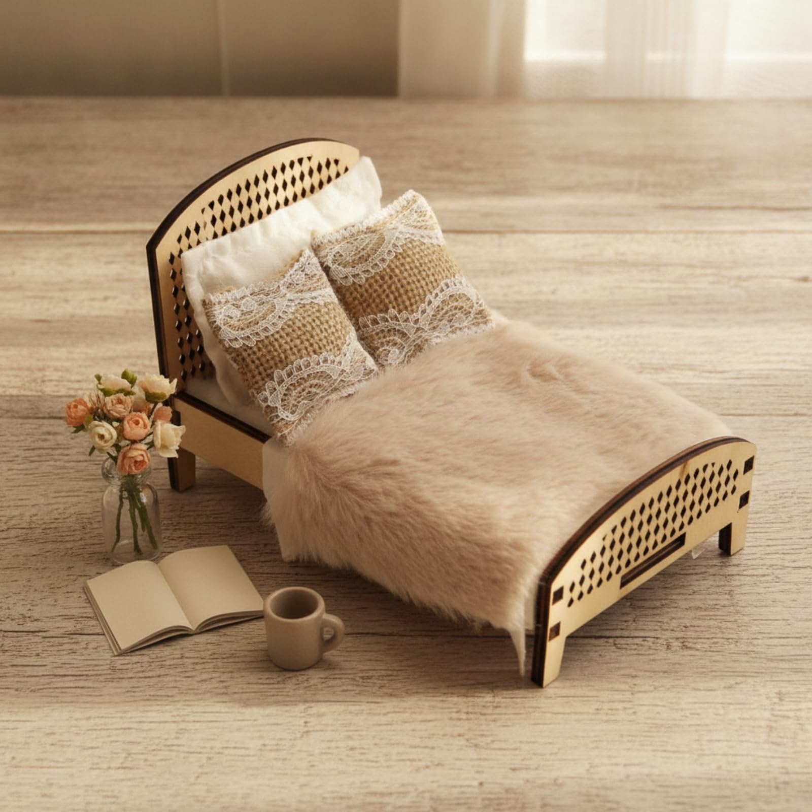 Letto in Miniatura Letto Bambola Letto Bambole Letto Giocattolo Letto Casa Delle Bambole in Legno con Pediera Arcuata E Dettagli a Griglia Adatto per, Bianco Legno