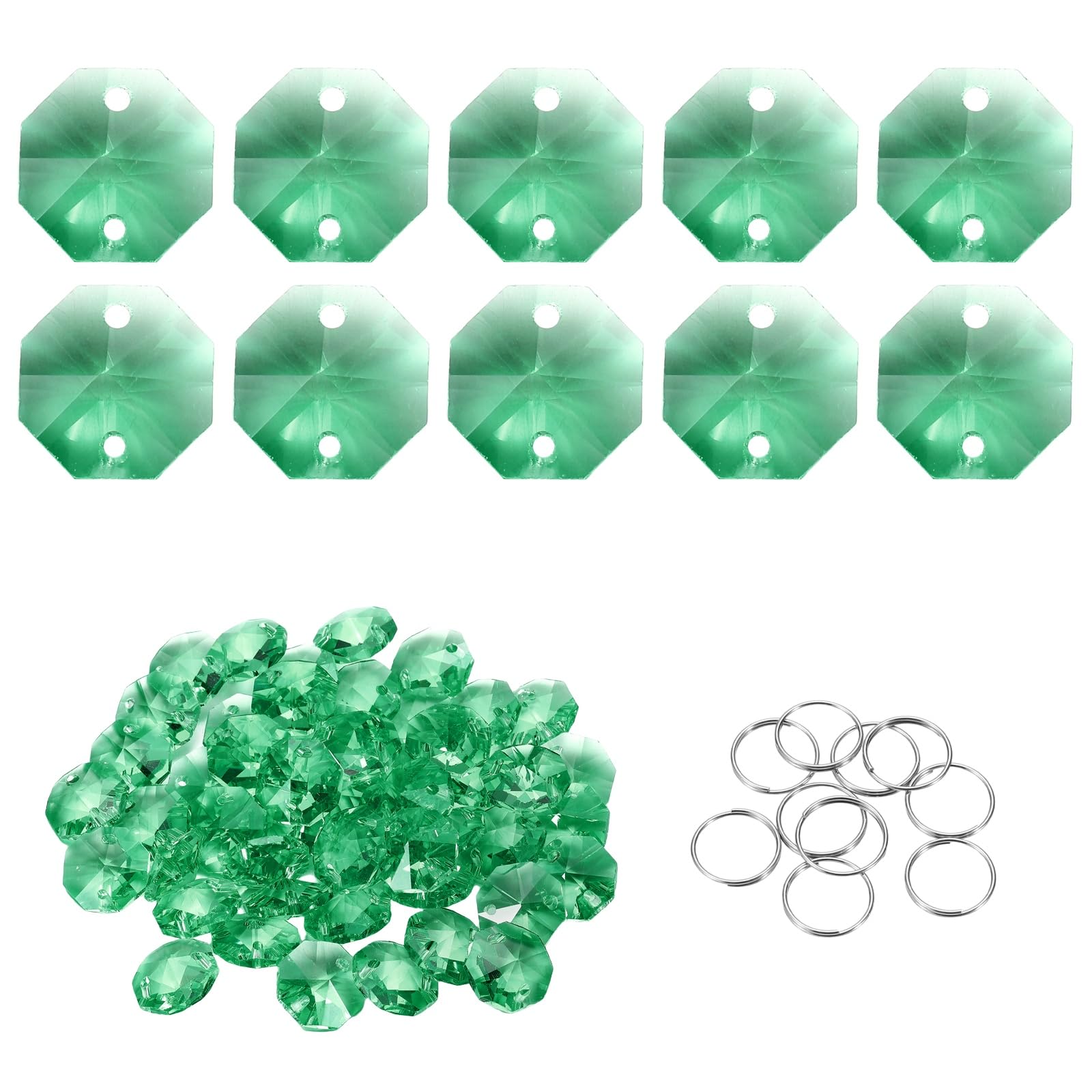 sourcing map 50Pcs 2 Hole Crystal Octagon Beads, 14mm K9 Glass Hanging Chandelier Bead Prisms Part with Stainless Steel Ring for Crystal Chandelier Lamp Pendant Jewelry, Gem Green