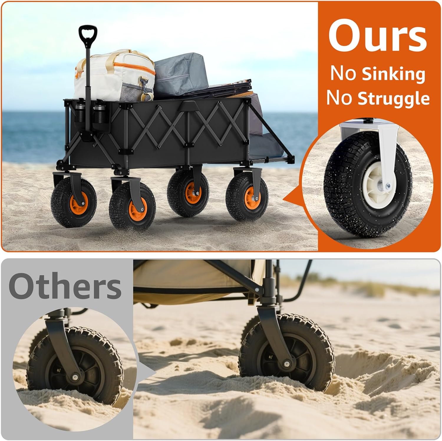 Beach Wagon with Big Wheels for Sand - Heavy Duty 10" Wheel Collapsible Wagons Foldable Large Wagon Cart Folding All Terrain for Camping
