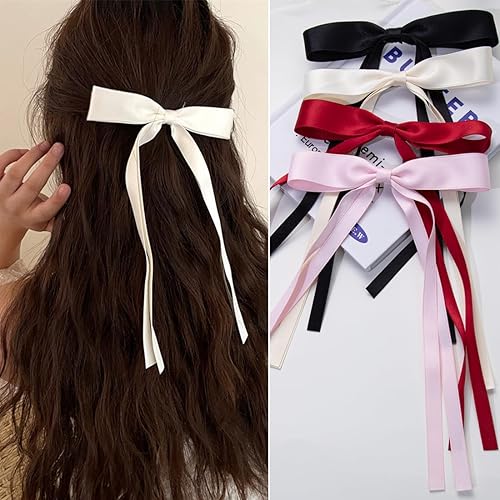 4 pinzas para el pelo de cinta con cola larga, pinzas para el pelo de lazo, pinzas para el cabello para mujeres con clips de lazo, lazos para el