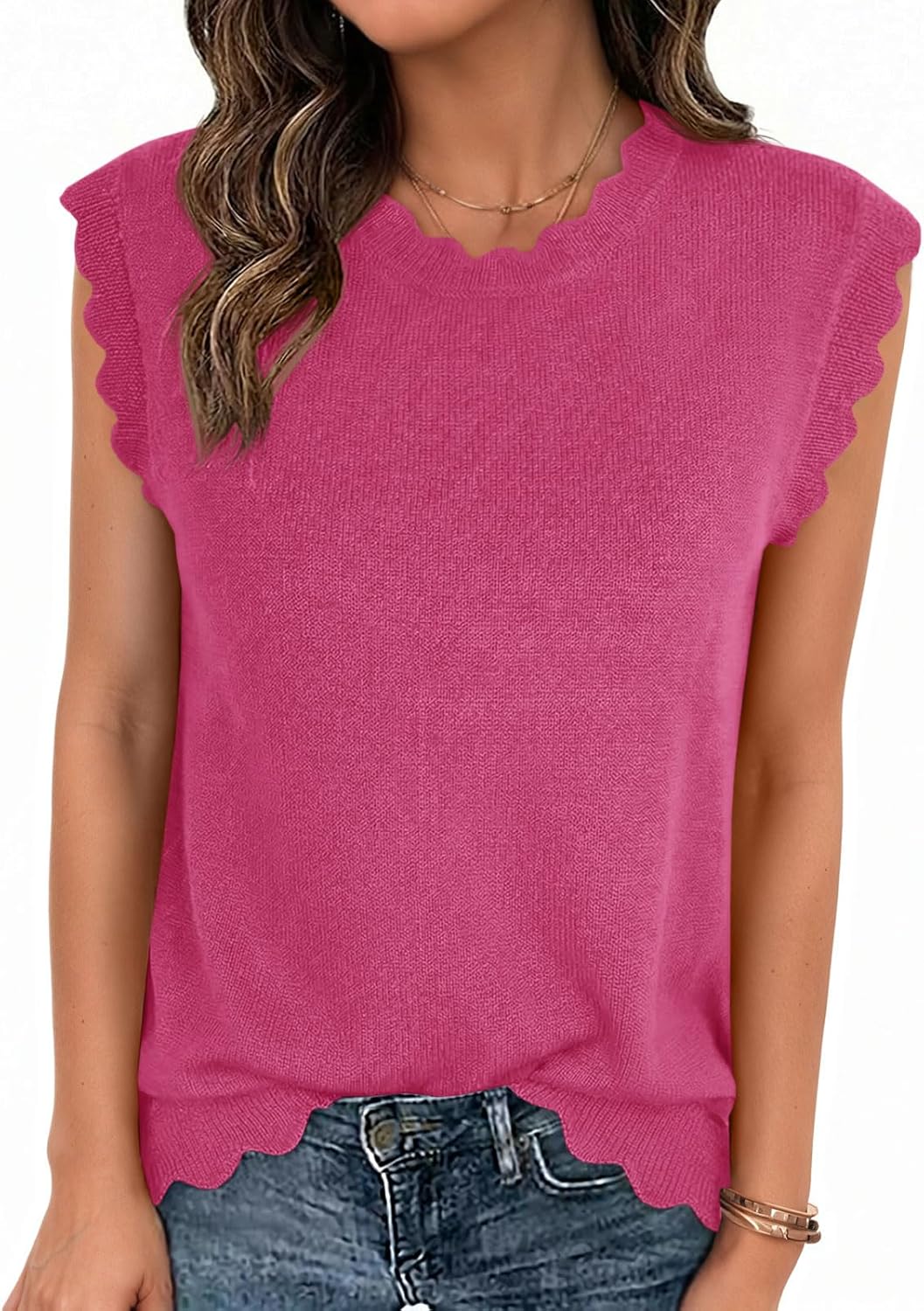 Tankaneo Womens Sweater Vest Tank Tops Summer Scallop Trim Sleeveless Shirts Trendy Casual Crew Neck Loose Fit Knit Tops